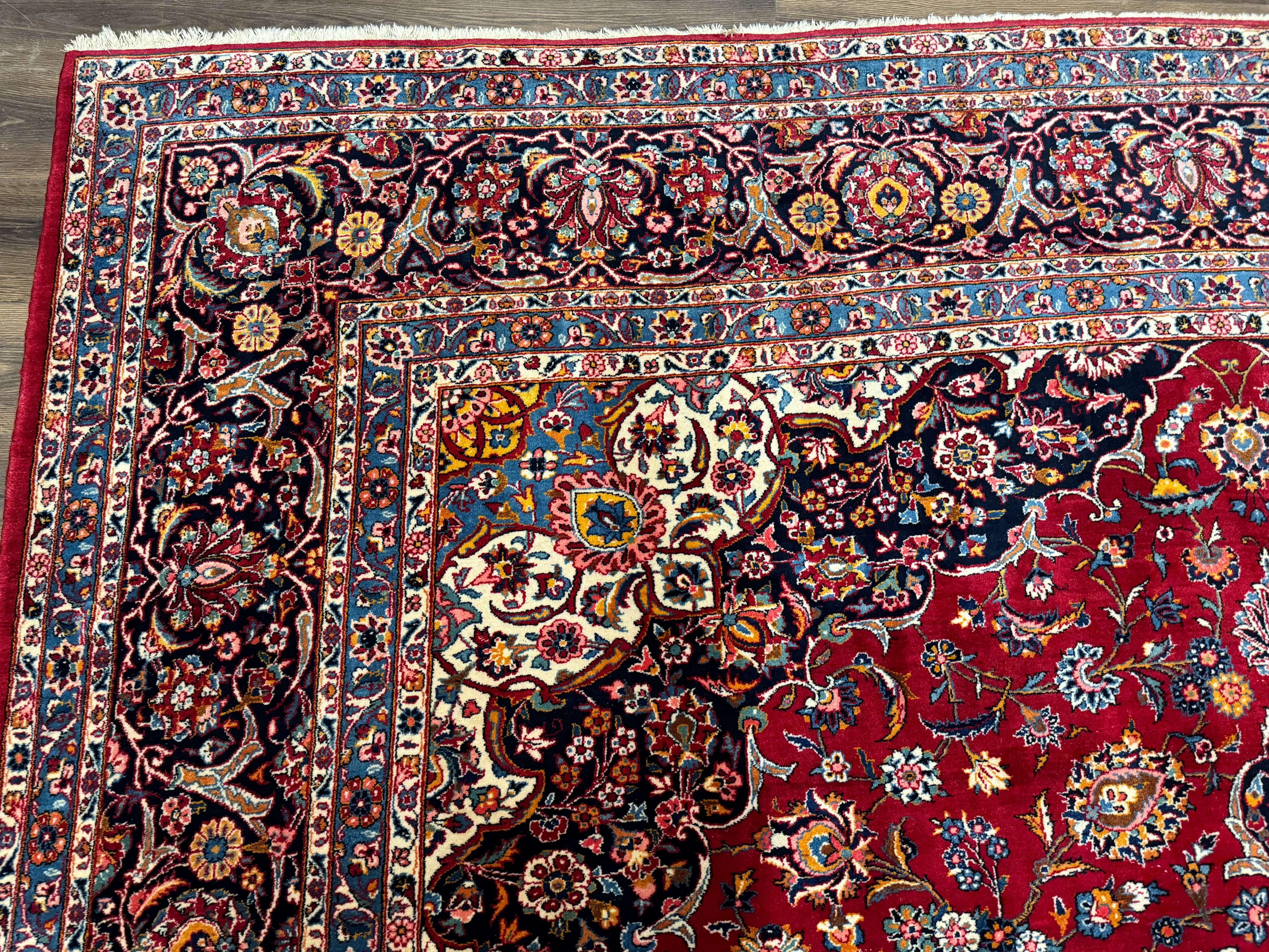 Large Persian Kashan Rug 11x14, Traditional Persian Carpet, Wool, Fine 250 KPSI, Red Navy Blue