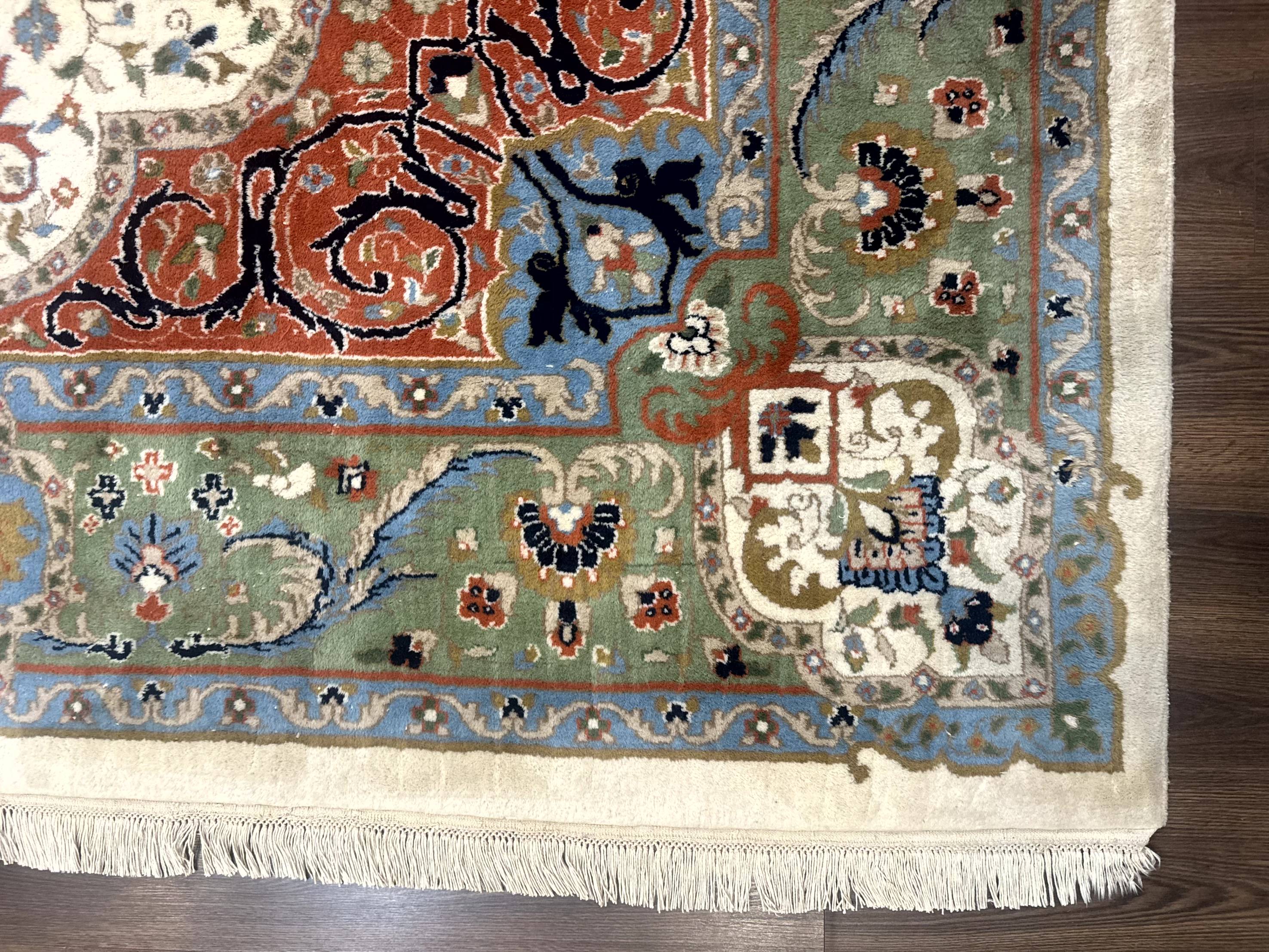 Indo Persian Rug 9x12, Ivory Red Green, Traditional Oriental Carpet