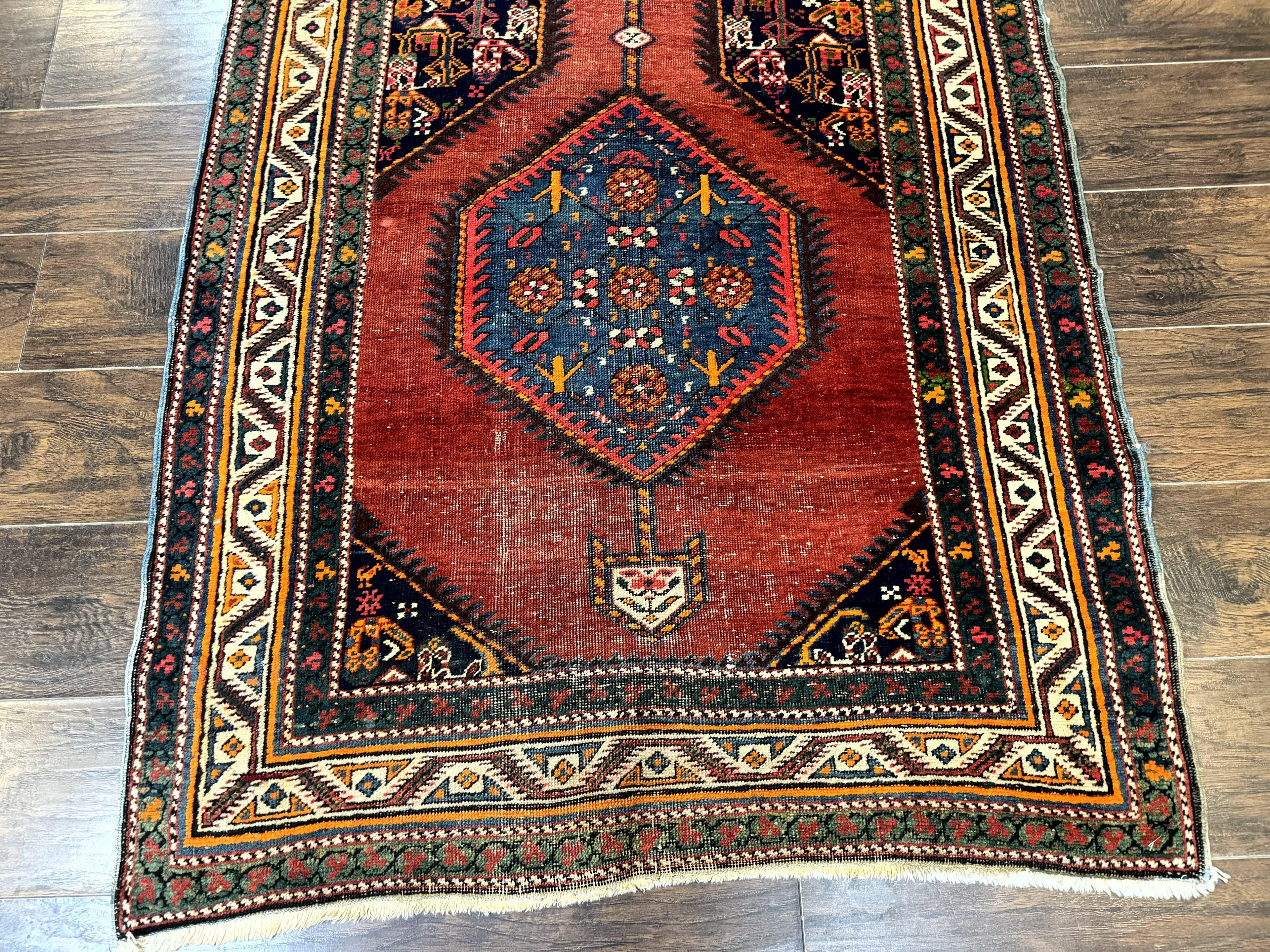 Antique Persian Sarab Runner Rug 3.9 x 12, Red, Handmade, Tribal Runner, Wool, Signed