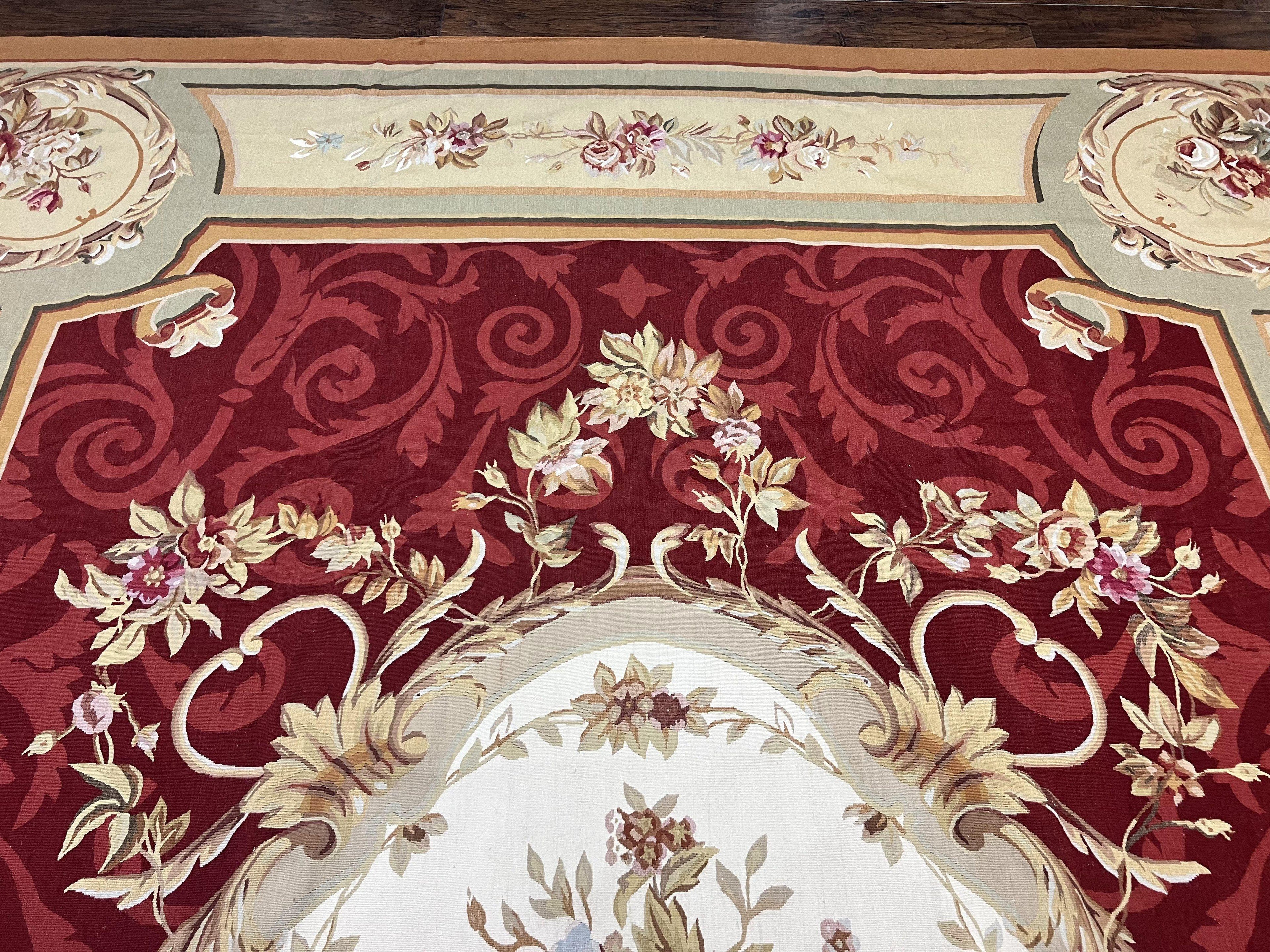 Large Aubusson Rug 10x14, Wool Handmade Vintage Carpet, Dark Red Ivory Tan, French European Elegant Aubusson Weave Rug