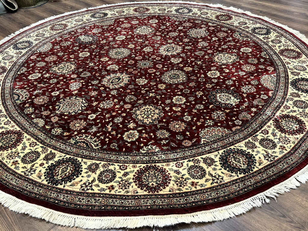 Round Sino Persian Rug 9x9, Burgundy and Cream, Floral, Wool and Silk, 9ft Round Carpet