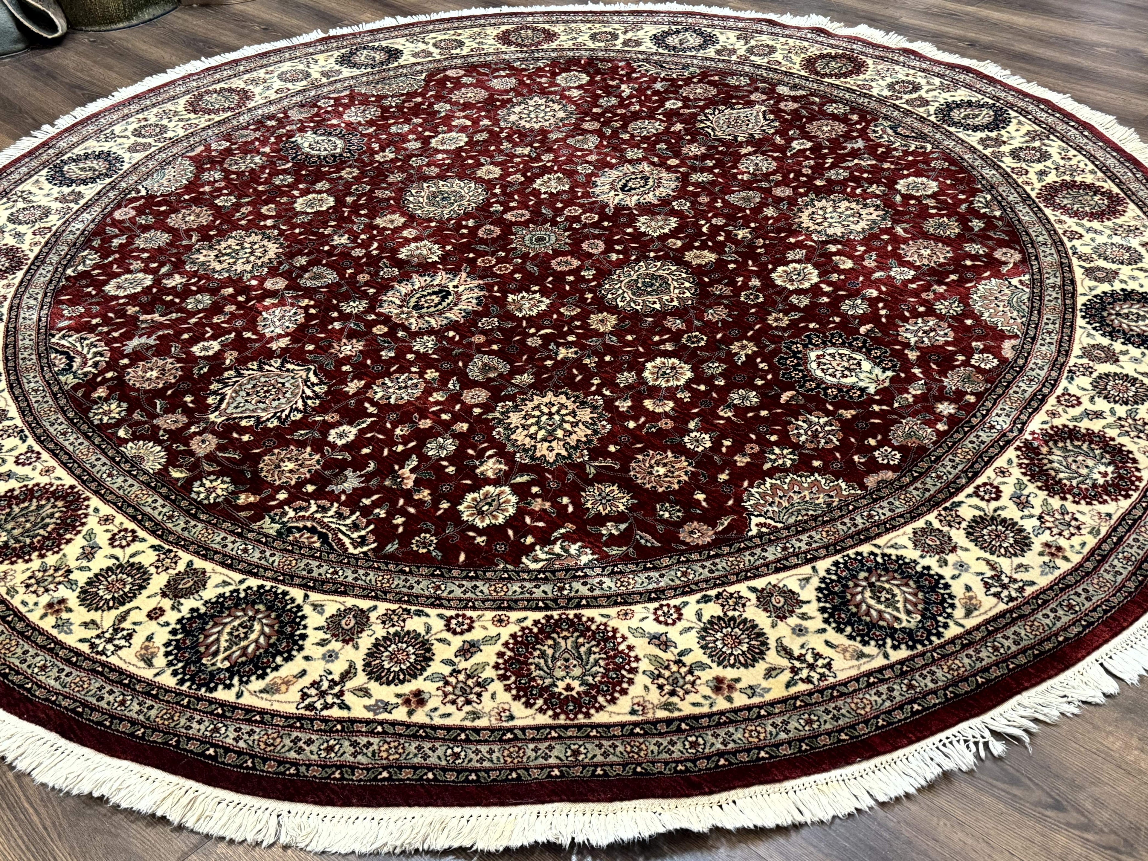 Round Sino Persian Rug 9x9, Burgundy and Cream, Floral, Wool and Silk, 9ft Round Carpet