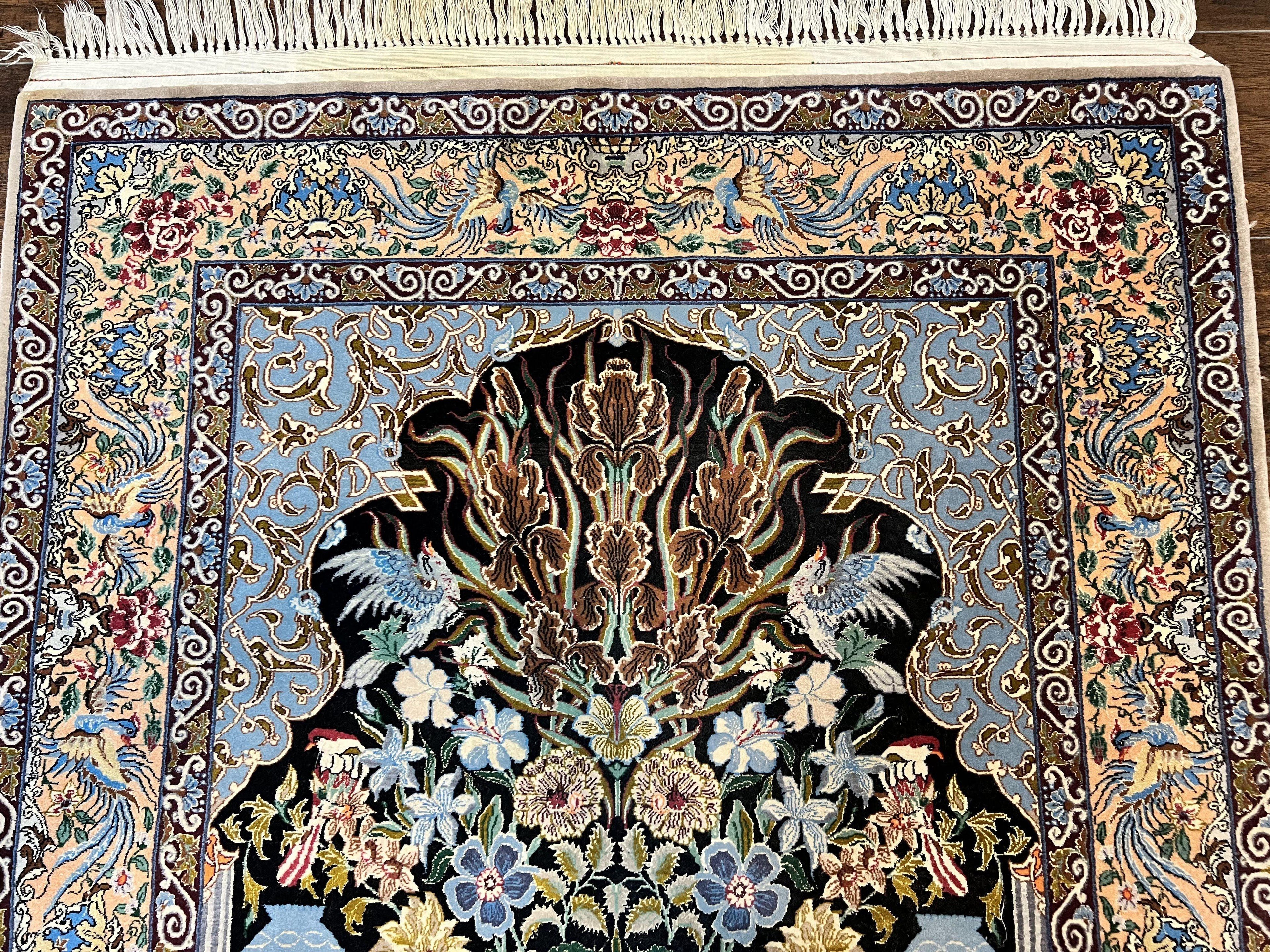 Wonderful Persian Isfahan Rug 3.7 x 5, Kork Wool on Silk Foundation, Very Fine 460 KPSI, Tree of Life Persian Vase Design Animal Pictorials Peacocks