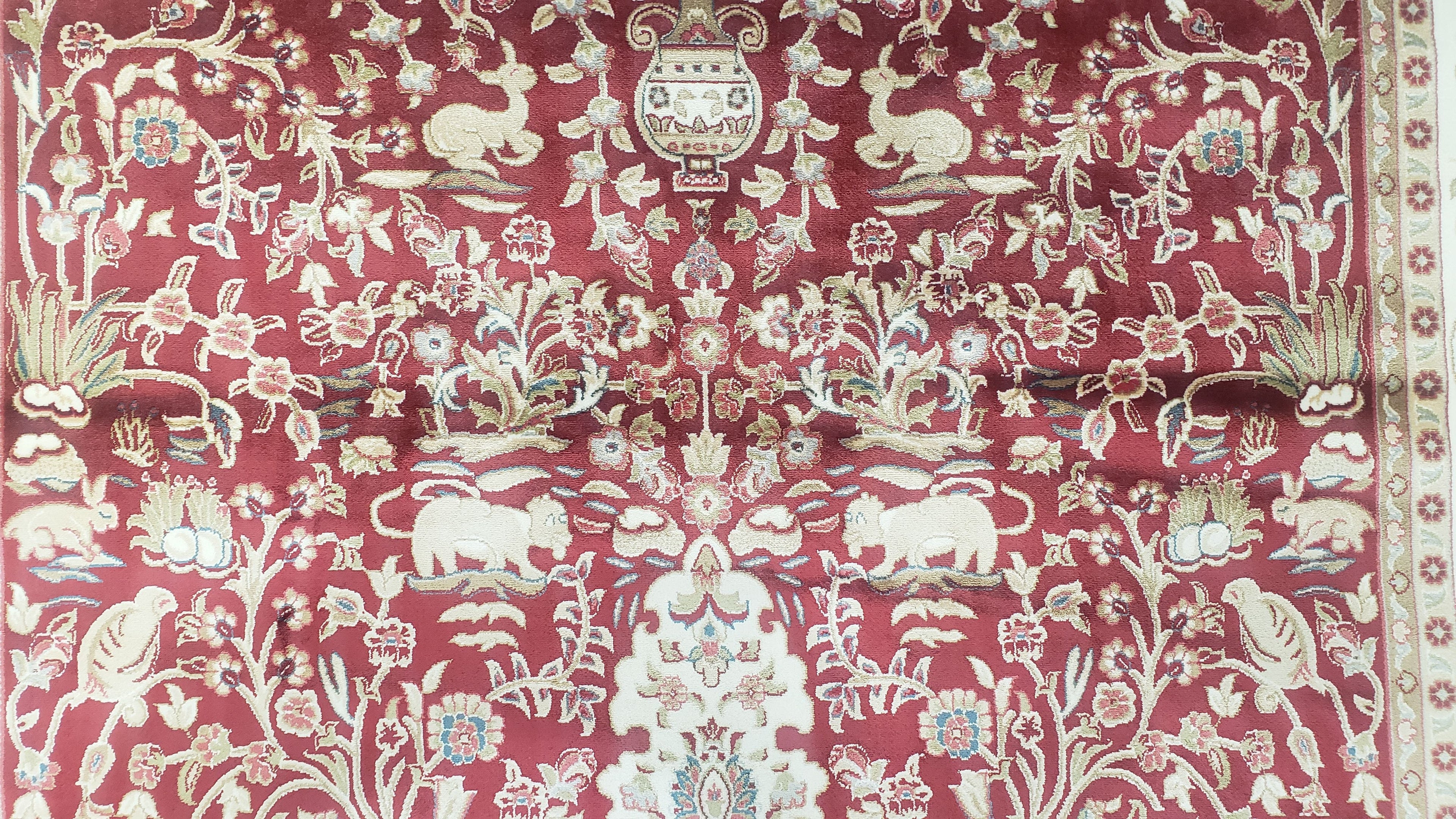 Silk Carpet 4x6 Dark Red & Cream, Tree of Life Rug, Animal Motifs, Birds Deer Rabbits, All Bamboo Silk, 4 x 6 Silk Area Rug