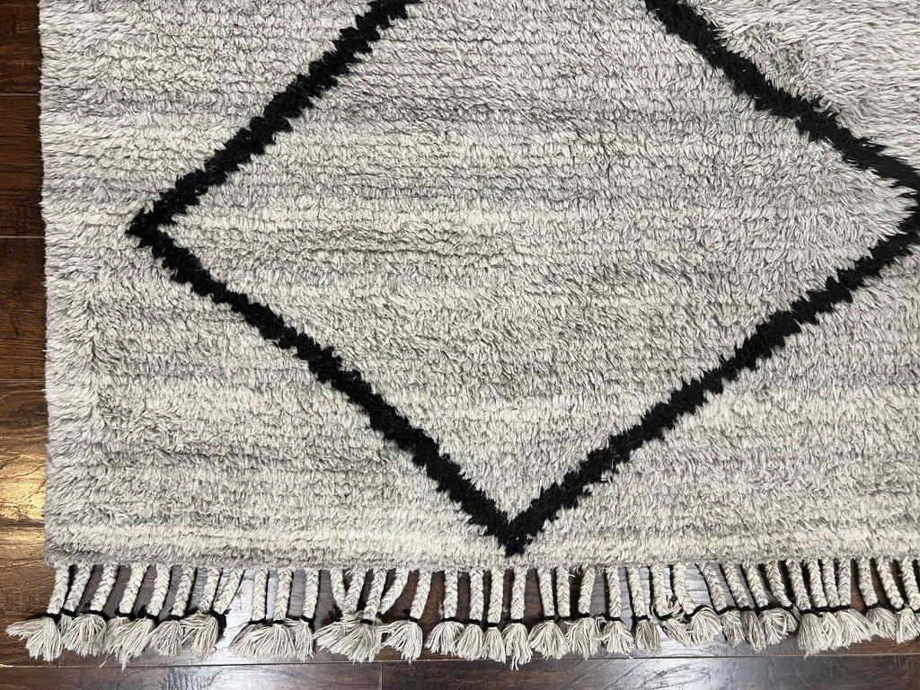 Modern Shag Rug 8x10, Gray and Black, Wool and Cotton, Lulu and Georgia, Handmade Indian Shag Rug