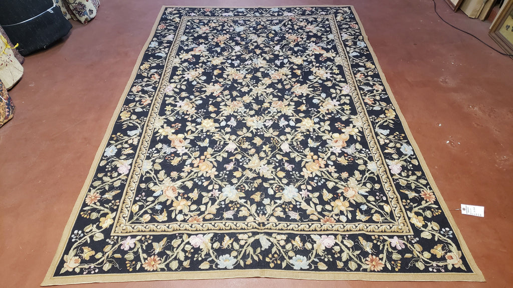 6x9 Vintage Needlepoint Rug, Petitepoint Carpet, Butterflies Floral Design