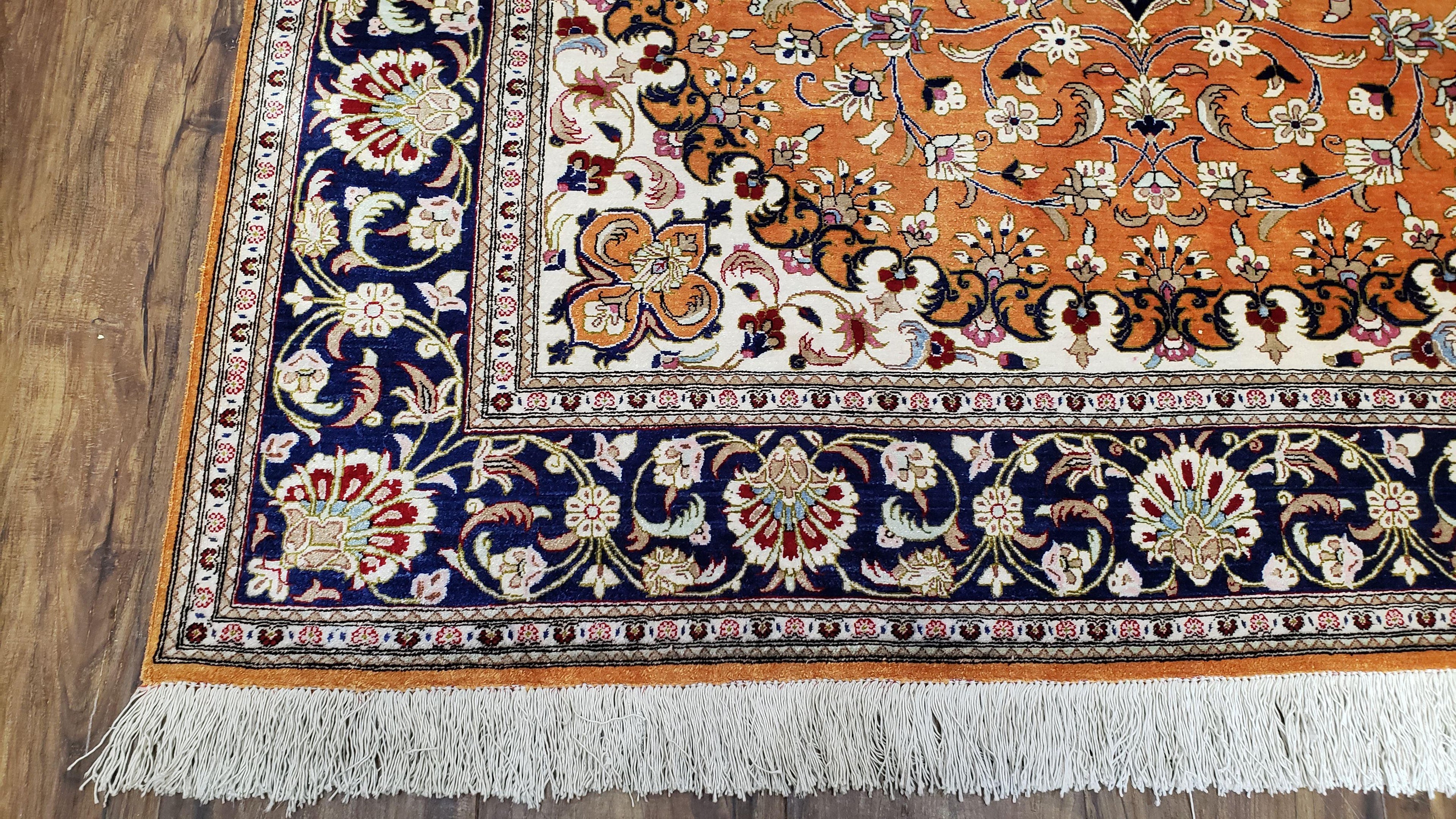 Vintage Persian Qum Silk Rug 4.6 x 6.7, Burnt Orange and Navy Blue, Antique Oriental Very Fine Signature Master Weaver 350+ KPSI Ghom Qom 5x7 Rug