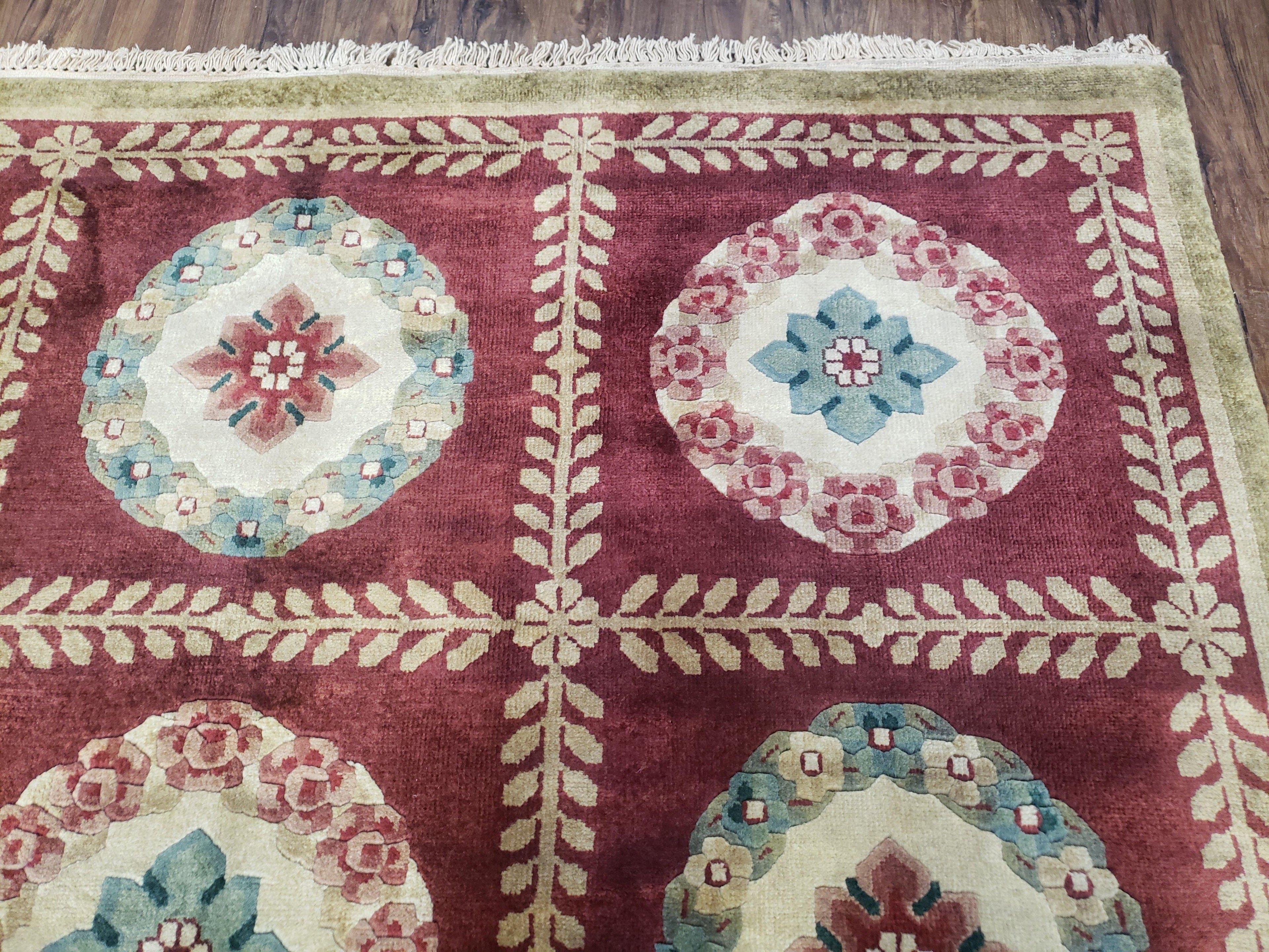 Nepalese Aubusson Panel Rug 6x9, Red & Ivory Soft Plush Tibetan Pile Rug, Wool Hand-Knotted Carpet, 6 x 9 Elegant Area Rug, Office Room Rug