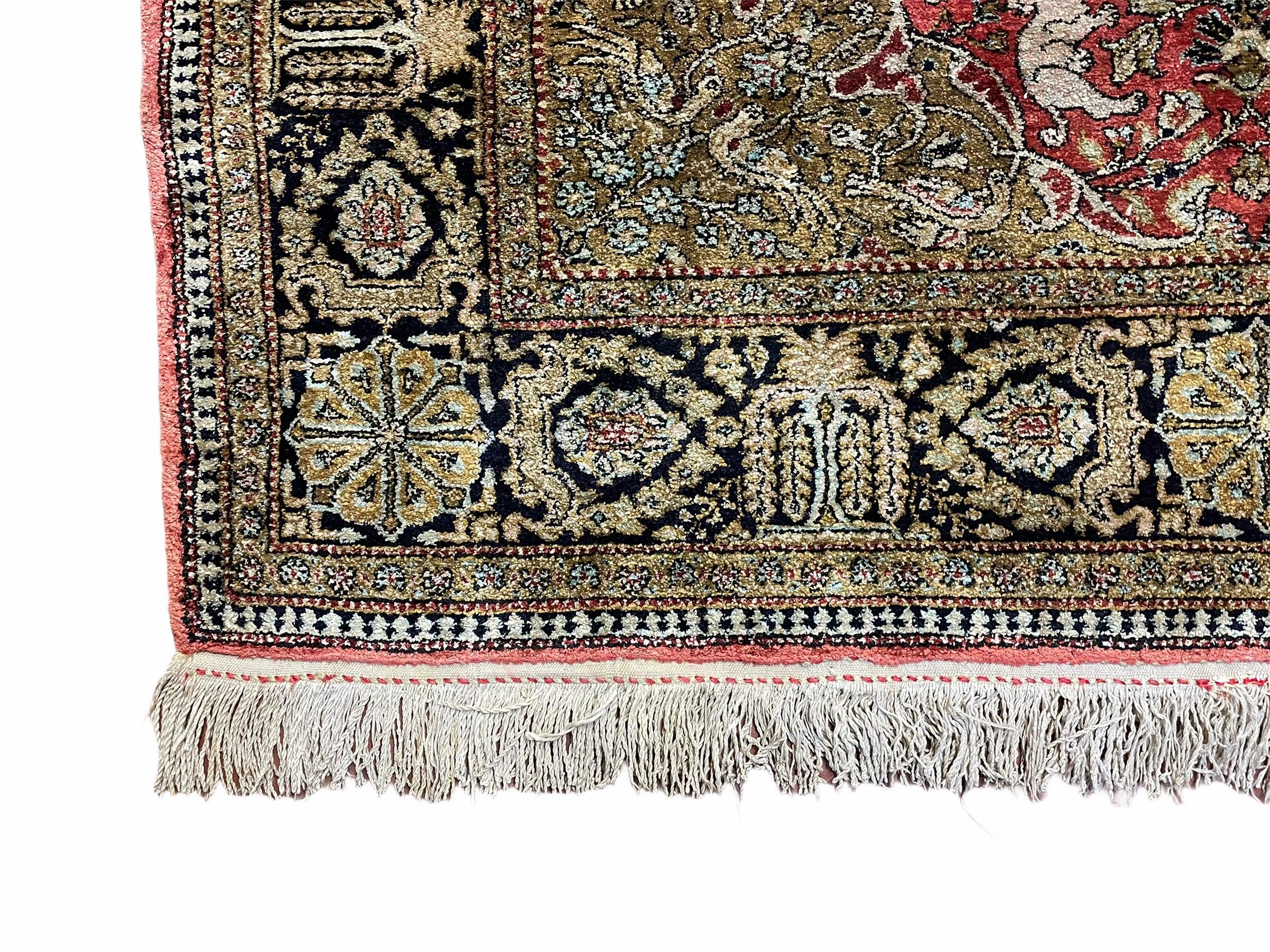Persian Qum Silk Rug 3.8 x 5.6, Silk on Silk, Animal Pictorials, Fine 330 KPSI