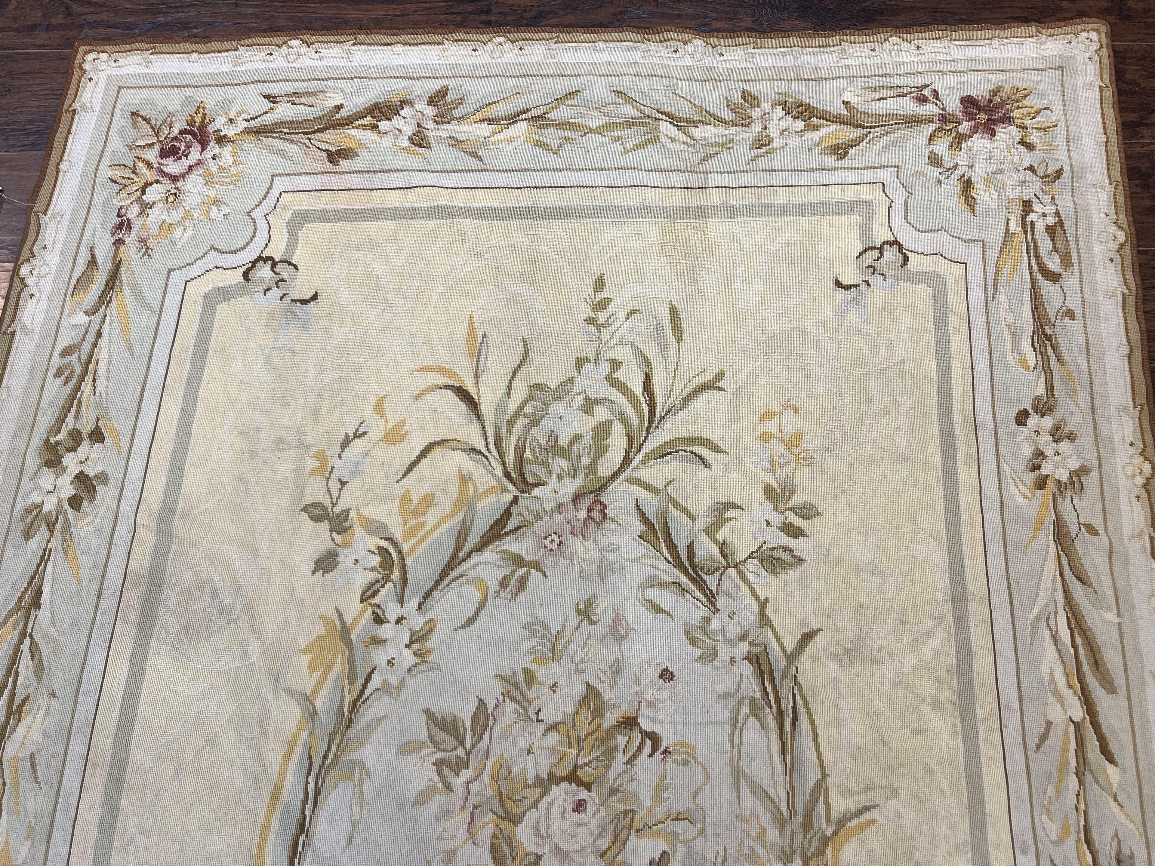 Needlepoint Rug 6x9, Elegant European Design Aubusson Carpet, Vintage Wool Handmade Rug, Light Yellow Ivory