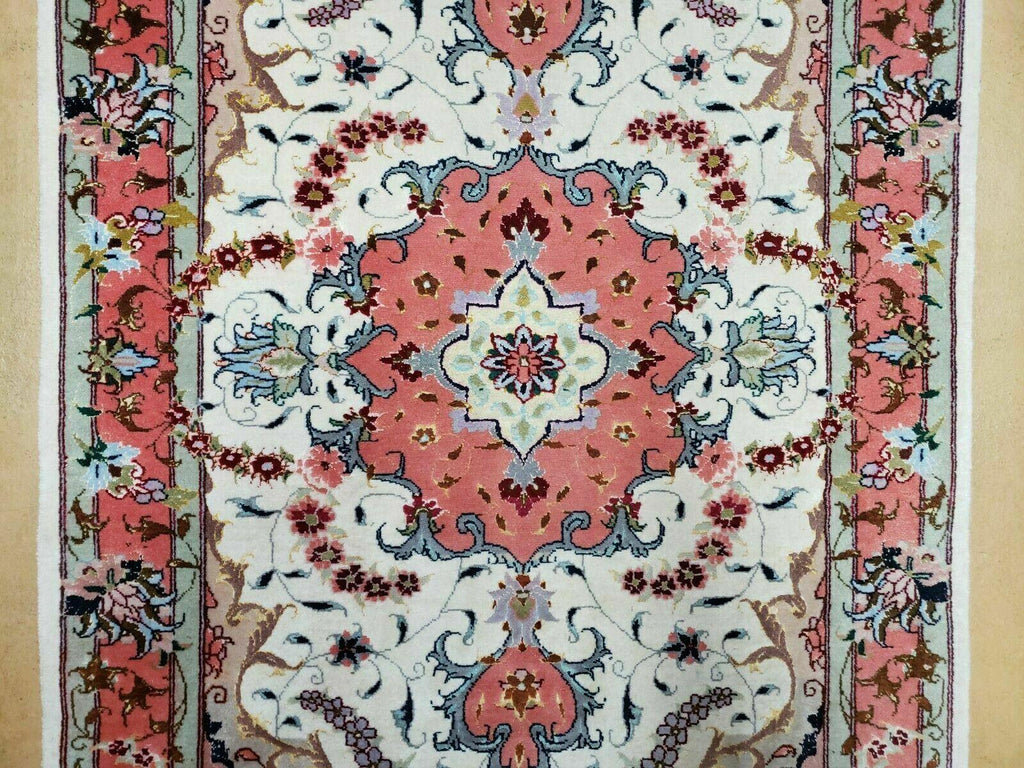 Small Vintage Persian Tabriz Wool and Silk Rug 2.5 x 4 ft, Very Finely Hand Knotted, Medallion, Ivory Salmon Light Blue, Top Quality, Pair A