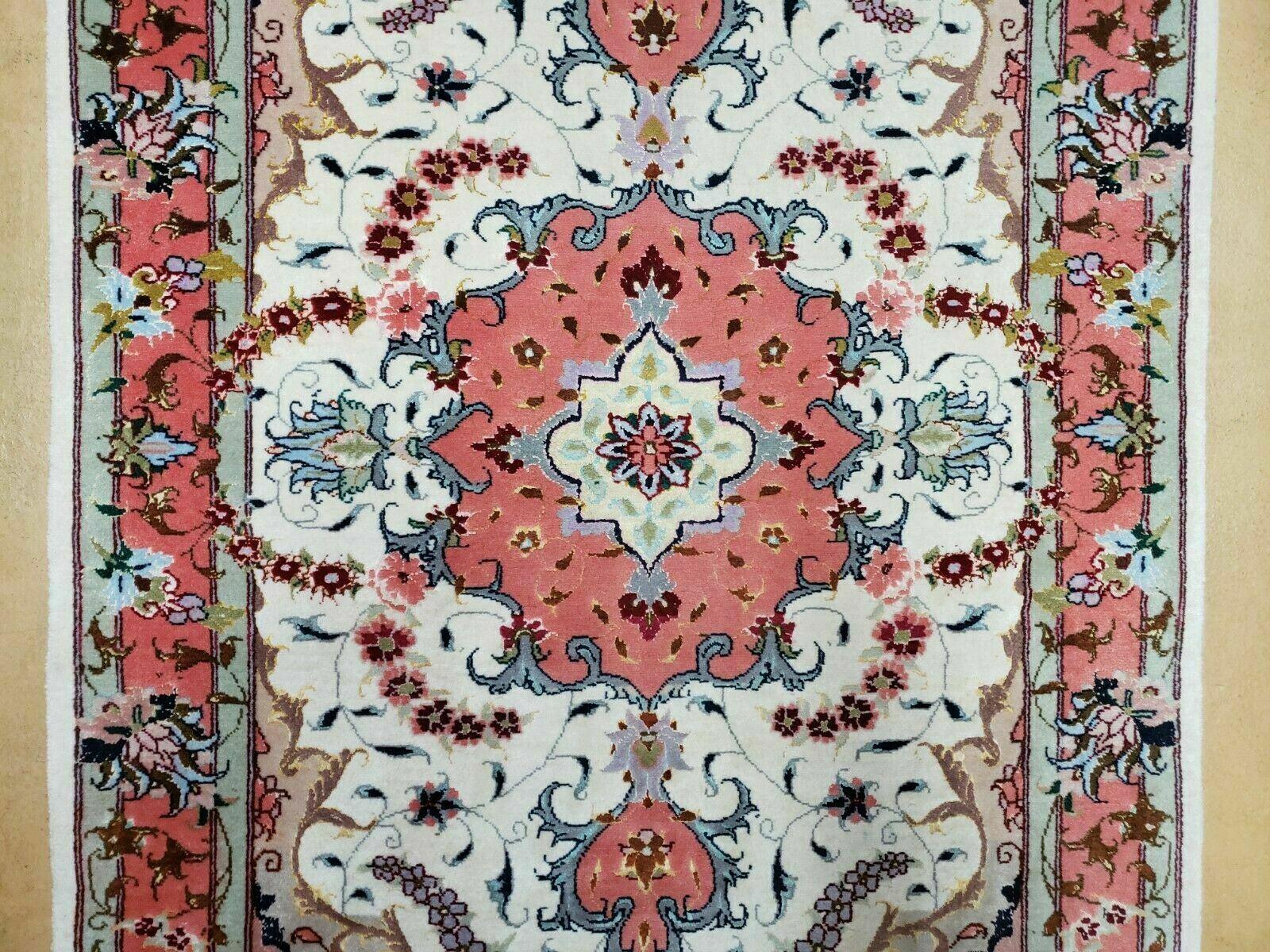 Small Vintage Persian Tabriz Wool and Silk Rug 2.5 x 4 ft, Very Finely Hand Knotted, Medallion, Ivory Salmon Light Blue, Top Quality, Pair A