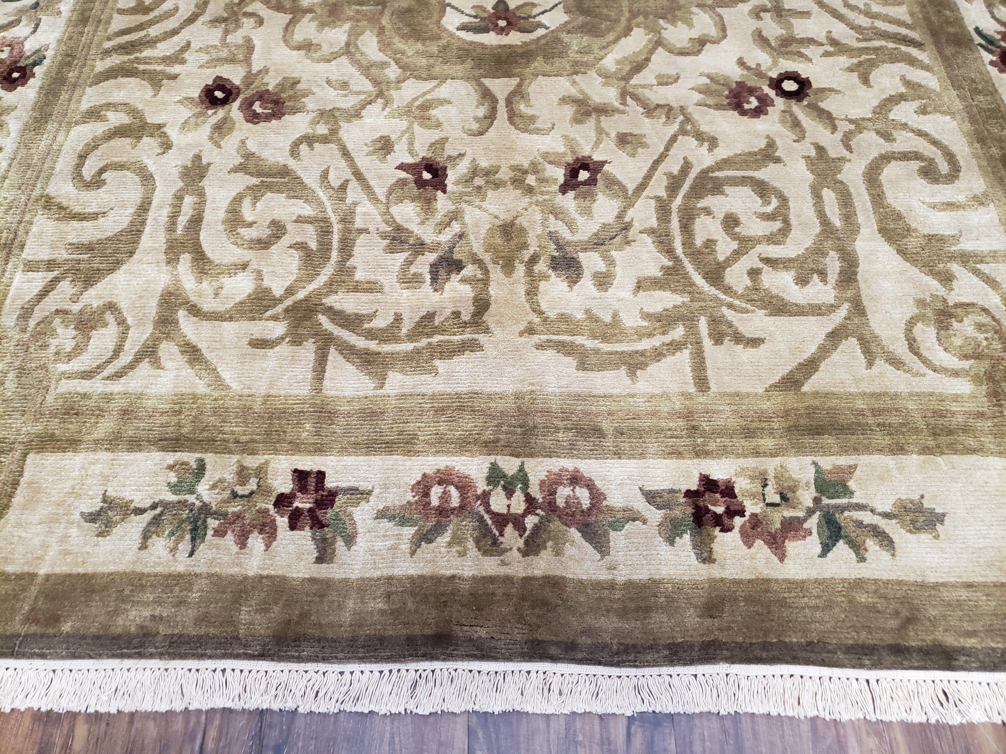 Vintage Nepali Tibetan Aubusson Rug 6x9, Wool Hand-Knotted Cream Beige Carpet, Leaves & Floral Pattern 6 x 9 Soft Area Rug Home Office Rug
