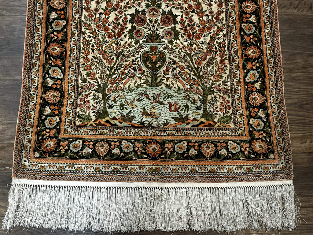 Exceptional Silk Rug 2.6 x 4, Very Fine 630 KPSI, Persian Vase Tree of Life Bird Pictorials, Handmade