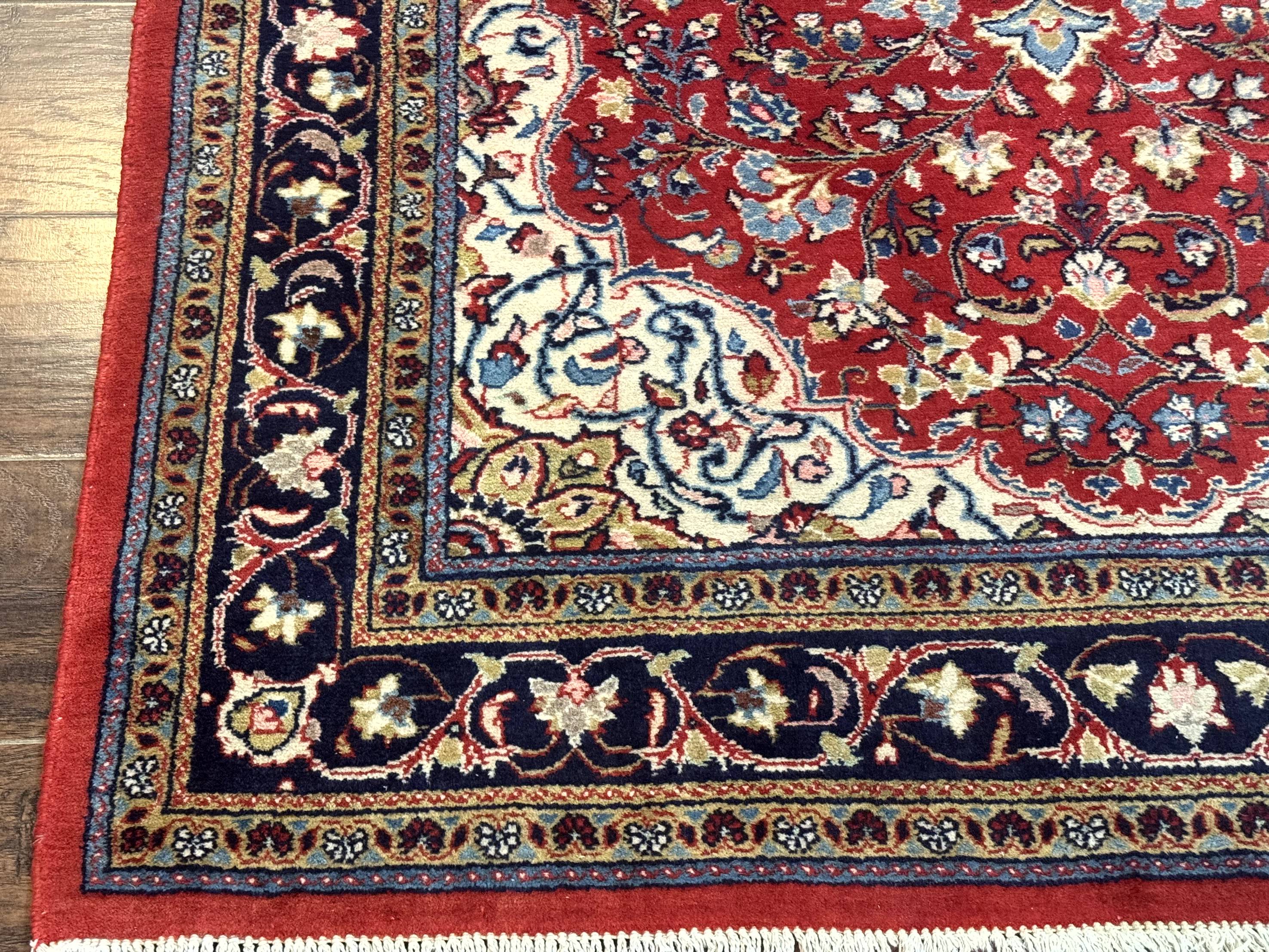 Persian Sarouk Rug 4x7, Red Navy Blue Vintage Wool Medallion Carpet