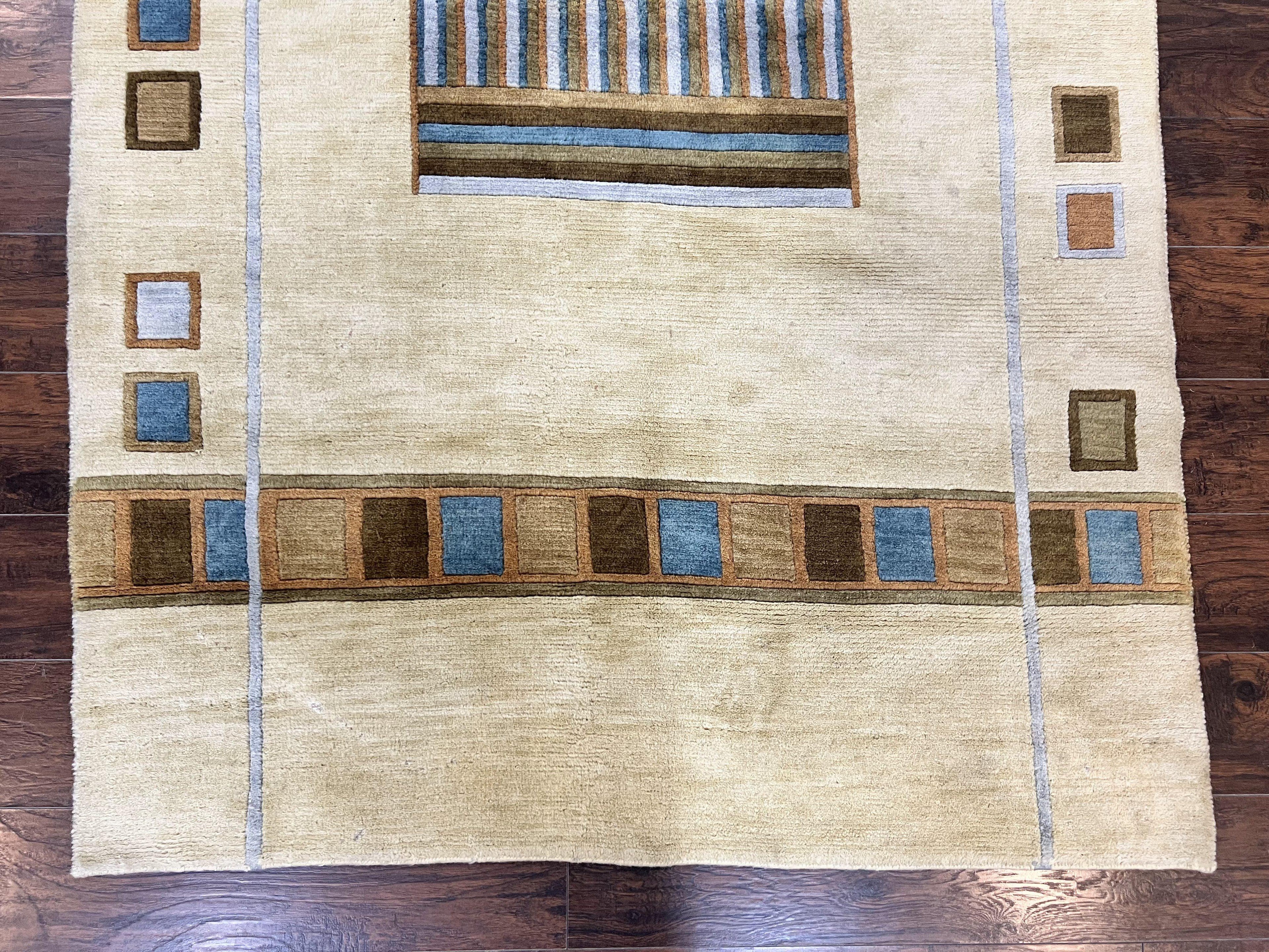 Tibetan Rug 5x8, Contemporary Rug 5 x 8 ft, Cream Brown Blue Hand-Knotted Wool w/ Silk Highlights Tibetan Carpet, Modern Rug