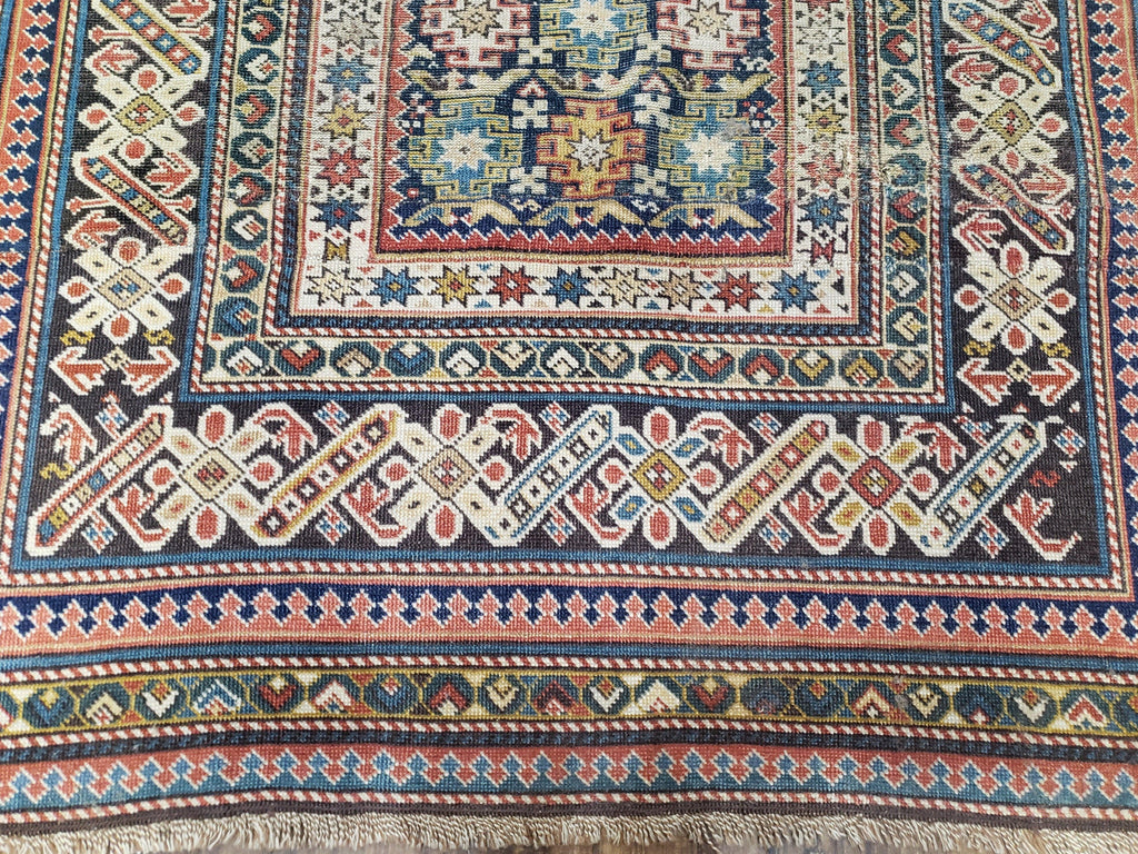 Caucasian Rug 3'9" x 5'7", Antique 1920s Collectible Caucasian Chi Chi Carpet, Hand Knotted, Colorful, Dark Blue Cream Red, Wool, Small Rug