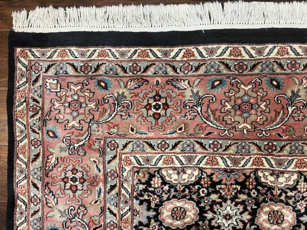 Indo Persian Rug 9x12, Vintage Handmade Wool Carpet, Repeated Allover Motif, Navy Blue and Pink