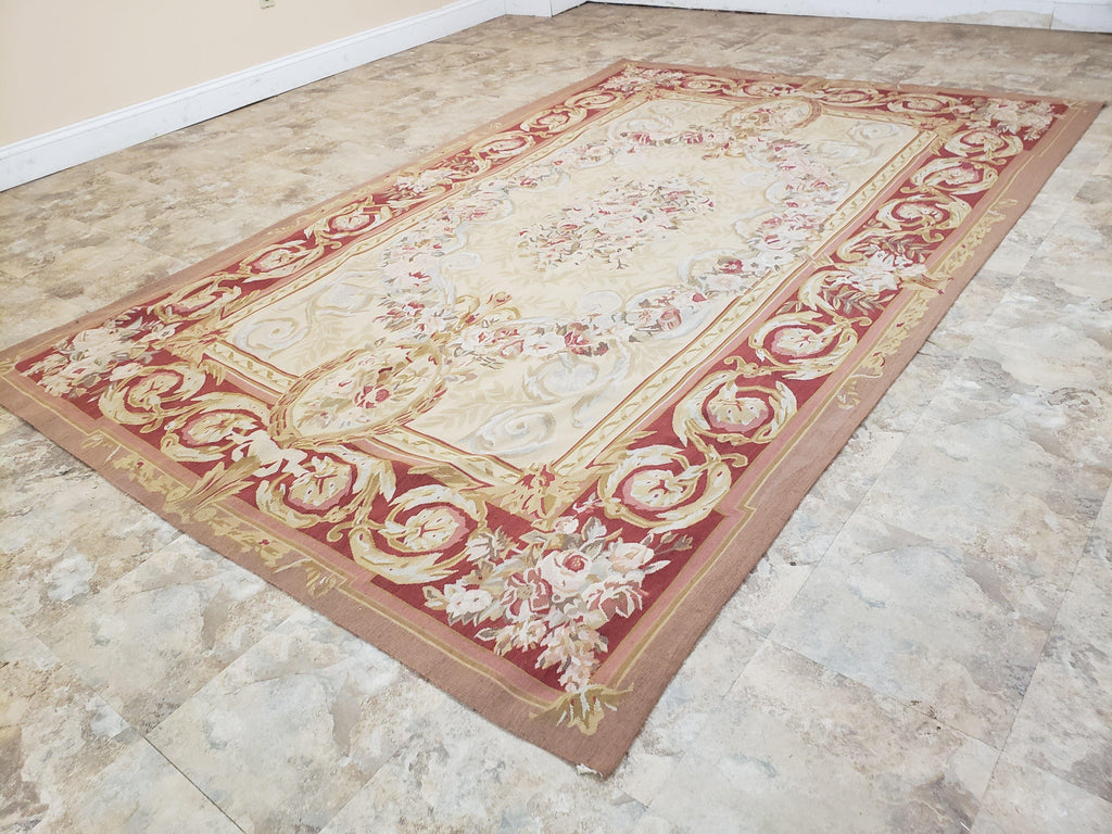 Aubusson Rug 6x9, Elegant Flatweave Rug, Aubusson Savonnerie 6 x 9 Flatweave Area Rug, Cream and Red, Wool Hand Woven Carpet, Medium Size