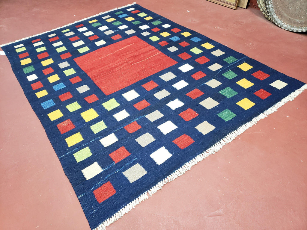Turkish Kilim Rug 5x7 - 6x8, Checkerboard Kilim Carpet, Area Rug, New Playroom Rug, Colorful Multicolor Rug for Nursery Room, Dark Blue Red