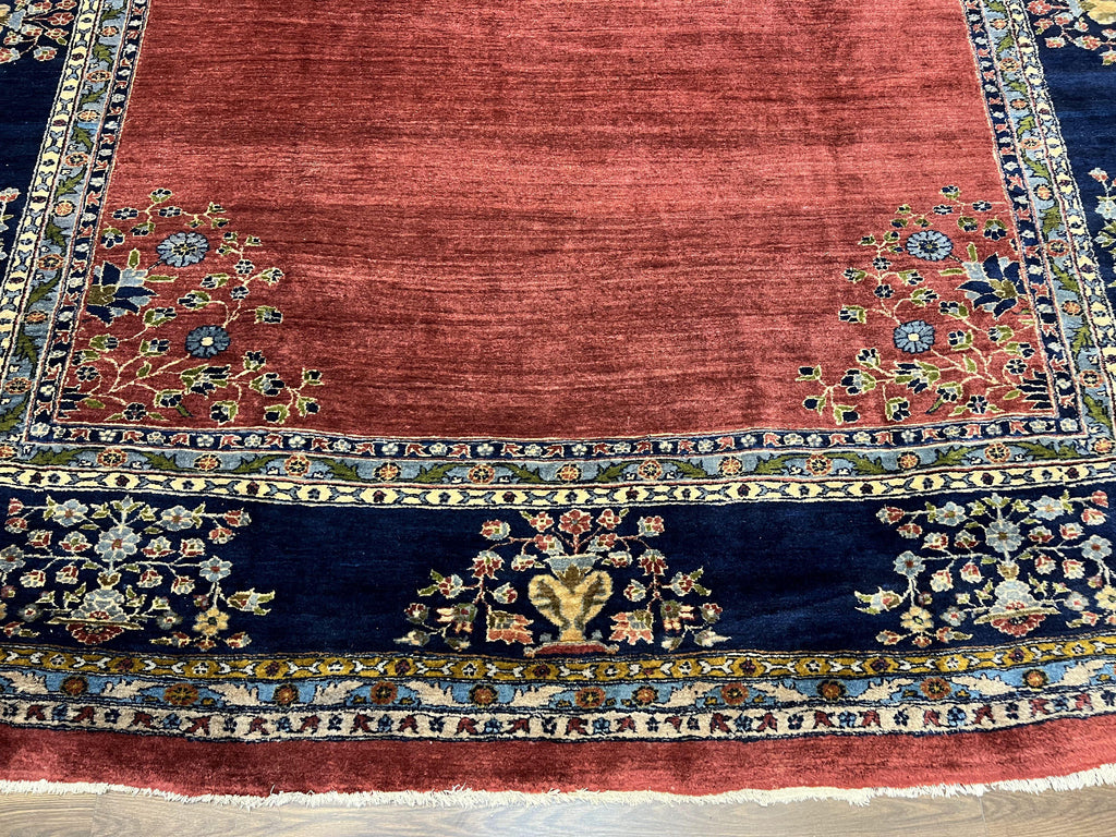 Large Persian Sarouk Rug 10x17, Open Field, Red and Navy Blue, Palace Sized Oversized Hand Knotted Wool Oriental Carpet Flowers Vases Antique 1920s