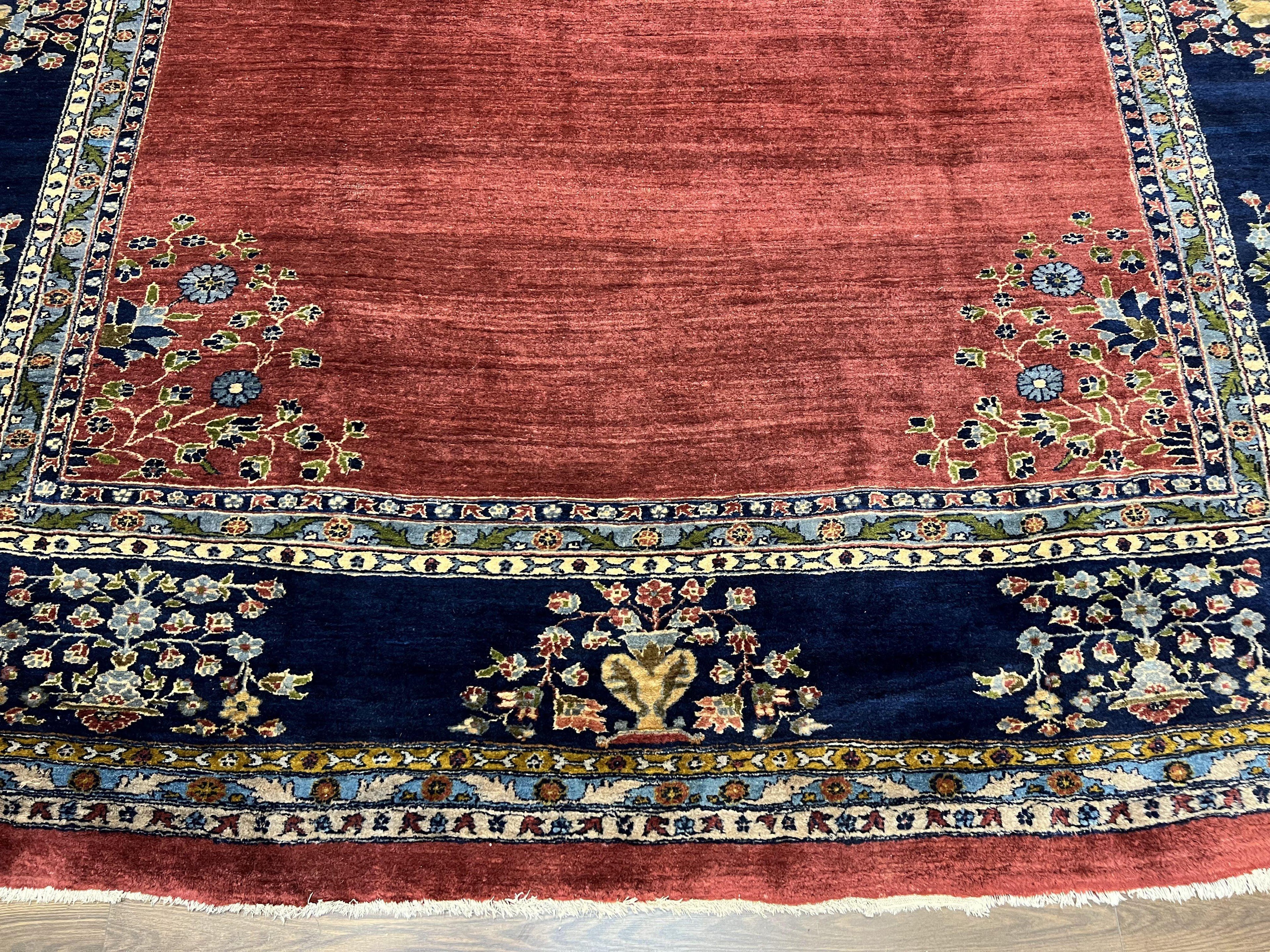 Large Persian Sarouk Rug 10x17, Open Field, Red and Navy Blue, Palace Sized Oversized Hand Knotted Wool Oriental Carpet Flowers Vases Antique 1920s