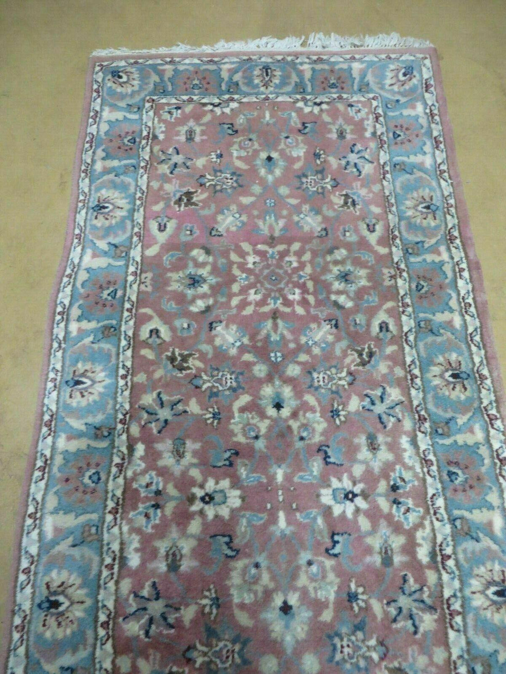 Indo Persian Runner Rug 2.8 x 12, Wool Hand Knotted, Pink and Light Blue