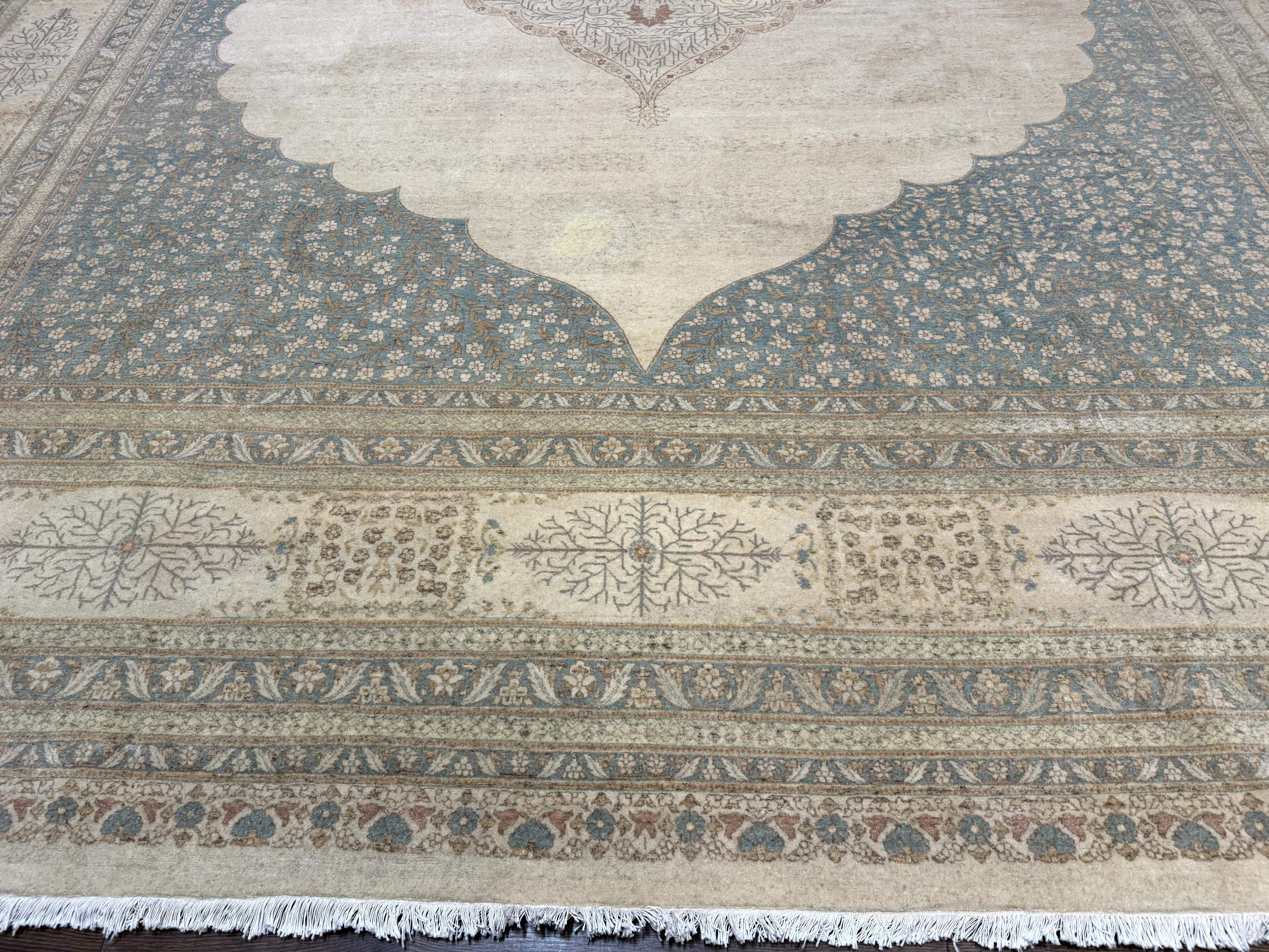 Palace Size Pak Persian Rug 12x18, Haji Jalili Design, Pakistani Carpet, Oat and Light Blue, Fine 260 KPSI