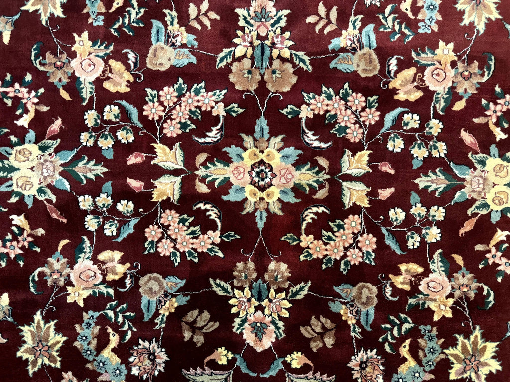 Indo Persian Rug 8x10, Floral Allover with Bird Pictorials, Maroon and Navy Blue, Handmade Wool Area Rug