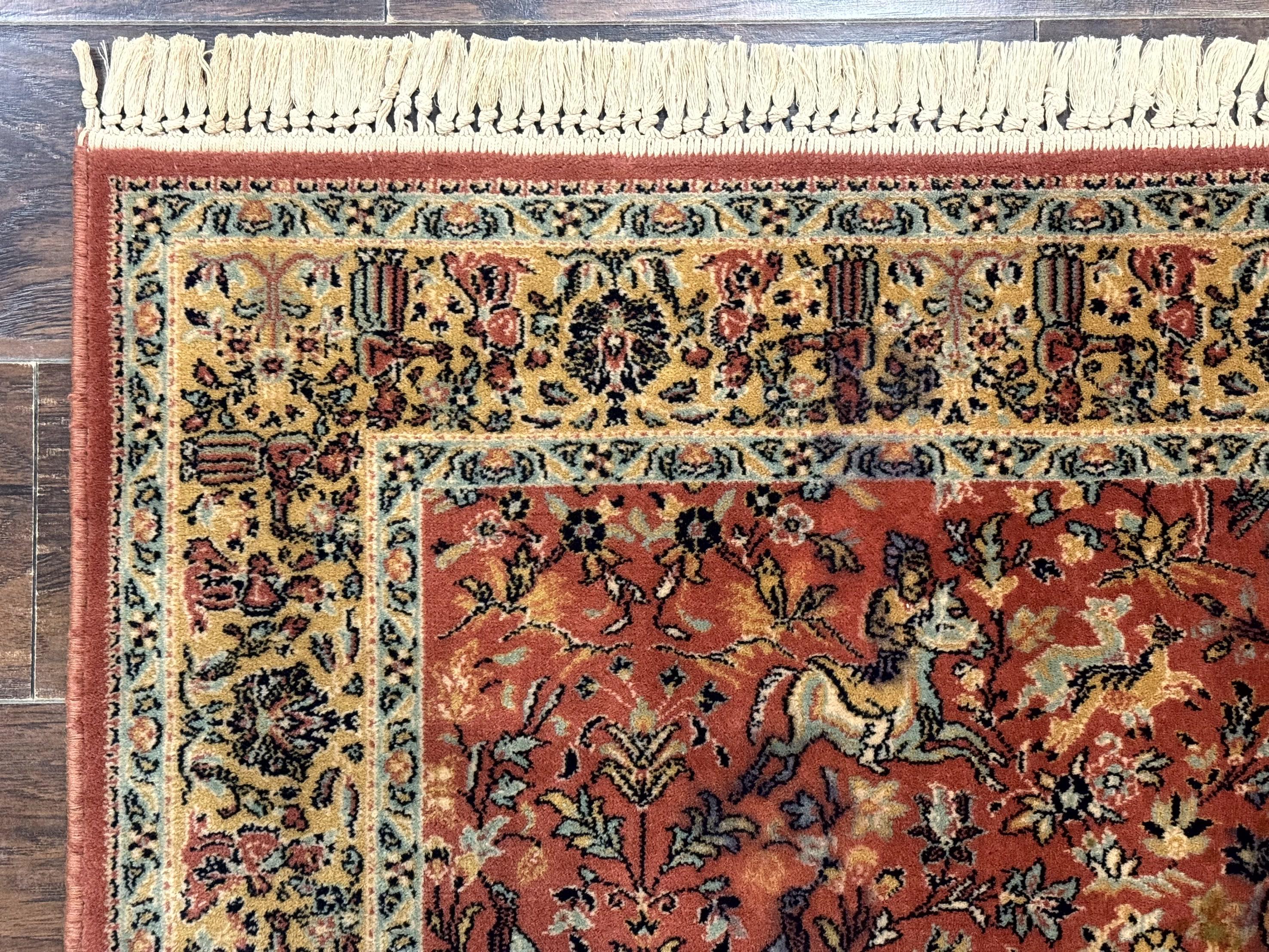 Persian Hunting Design Rug 4.7 x 6.5, Hunting Scene, Red-Orange, Wool, Belgian Power Loomed Carpet