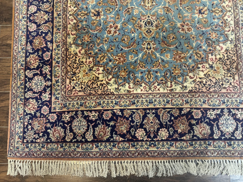 Light Blue Persian Isfahan Rug 5x8, Floral Medallion, Wool on Silk Foundation, Very Fine 530 KPSI, Handmade Carpet