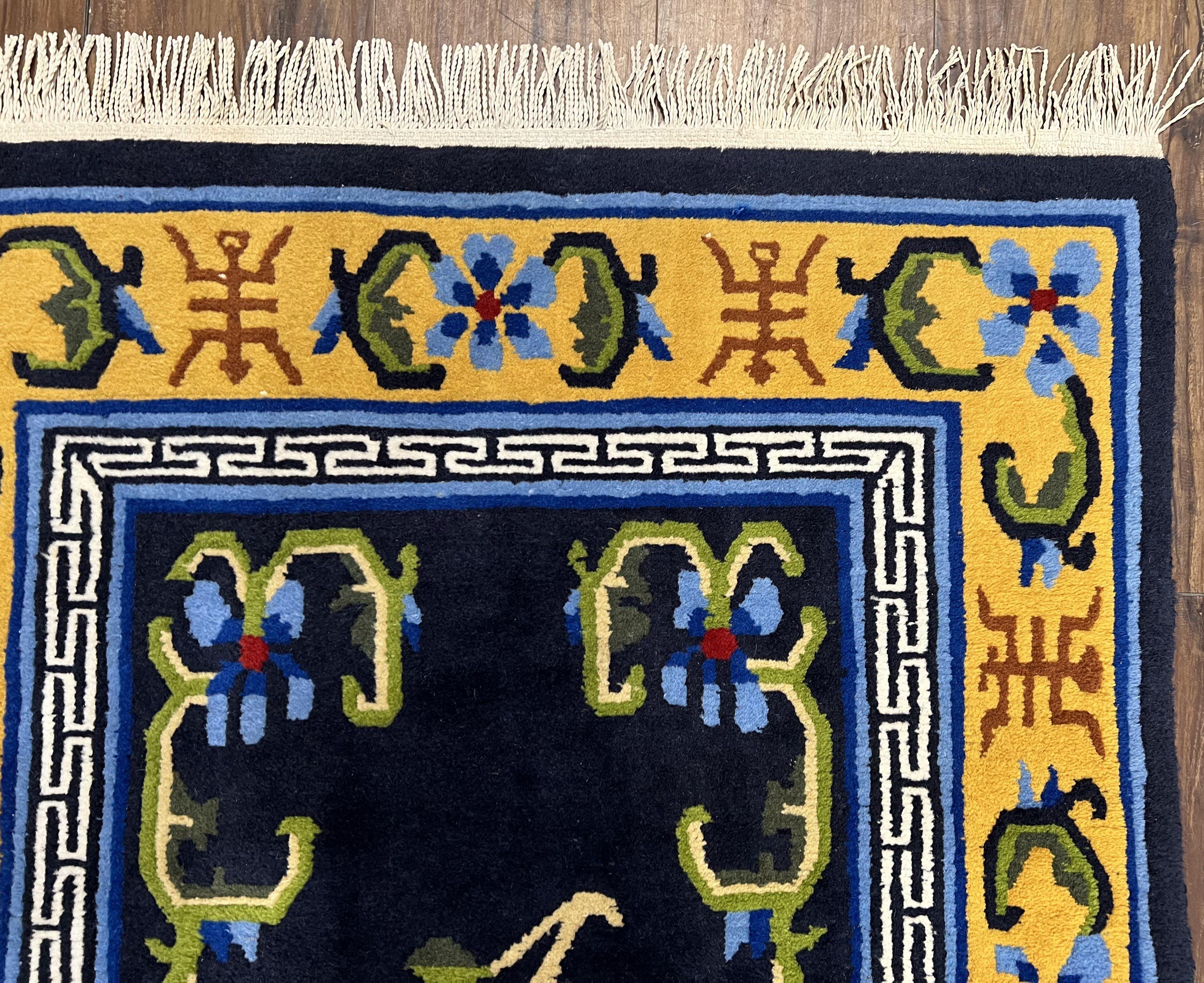 Chinese Art Deco Rug 3 x 5.9, Handmade Chinese Peking Carpet, Dark Blue and Gold, Medallion, Asian Oriental 3x6 Hand Knotted Vintage Rug