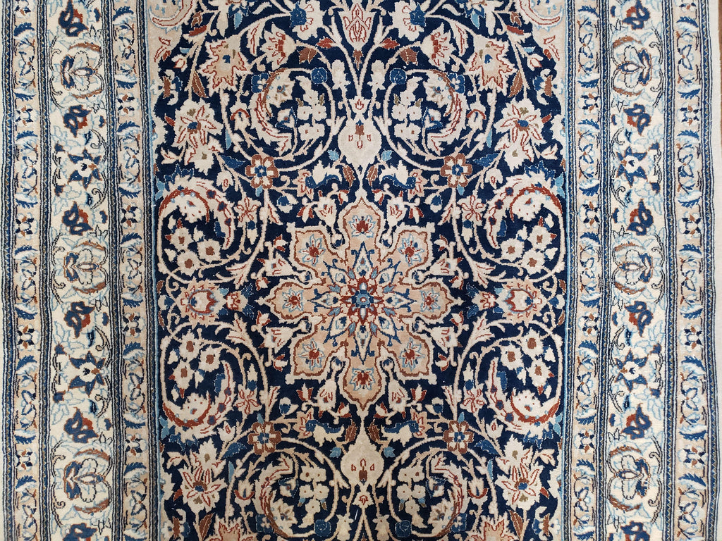 Persian Nain Rug 4x6, Ivory and Blue, Hand-Knotted, Wool & Silk
