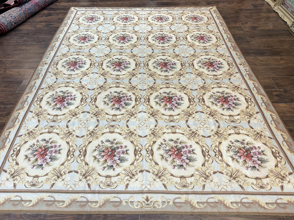 Chinese Needlepoint Rug 8x11, Handmade Wool Needlepoint Carpet, Vintage, Sky Blue