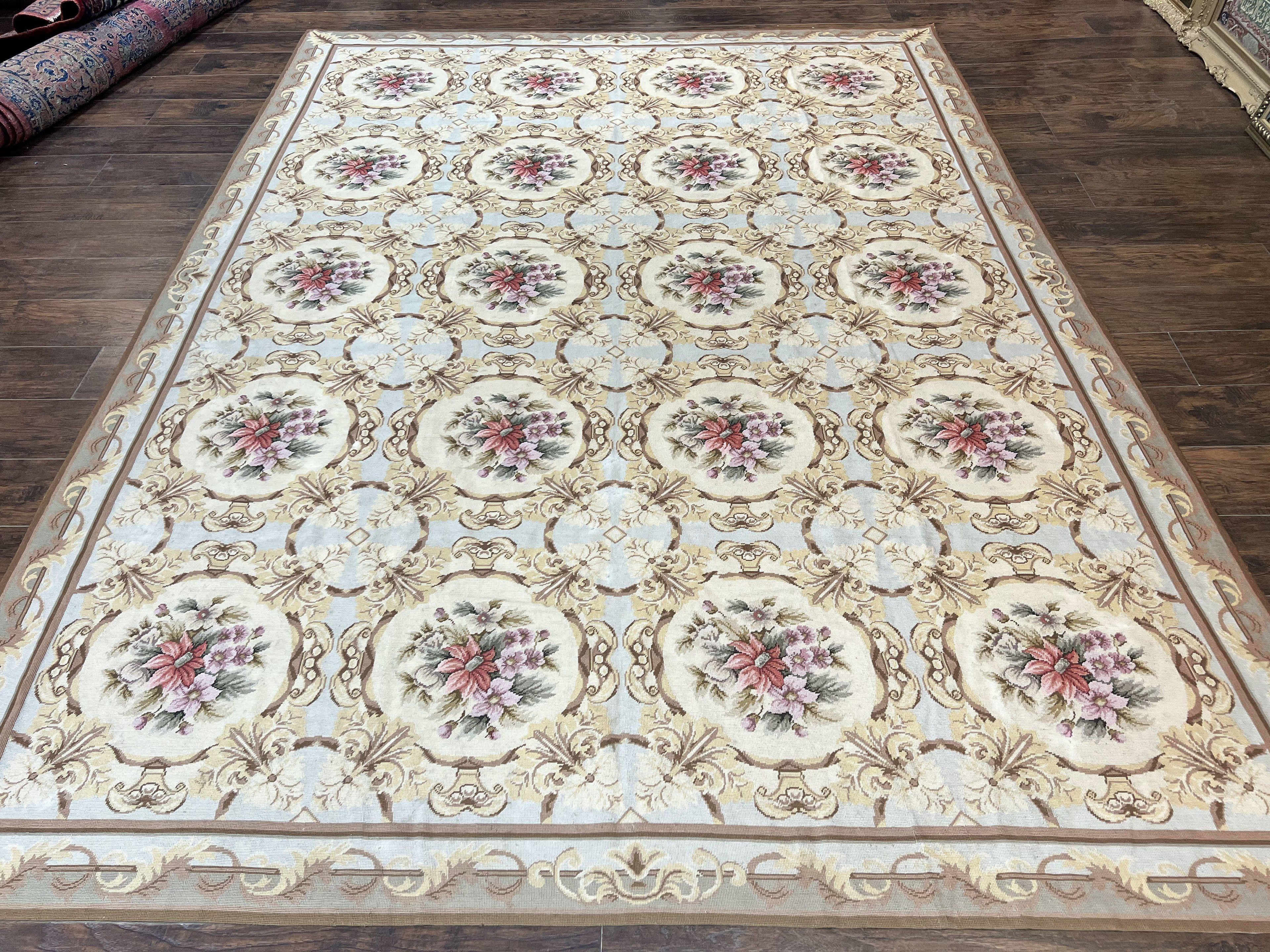 Chinese Needlepoint Rug 8x11, Handmade Wool Needlepoint Carpet, Vintage, Sky Blue