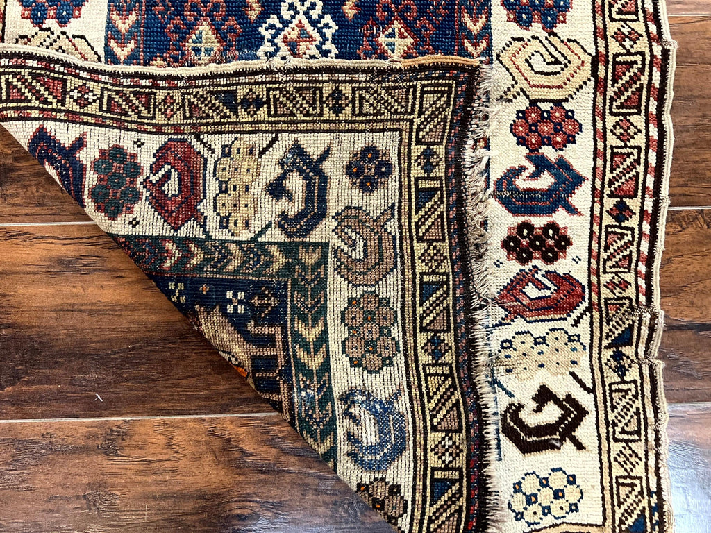 Antique Caucasian Kazak Rug 2.5 x 4, Navy Blue and Ivory, Hand Knotted Handmade Wool Rug