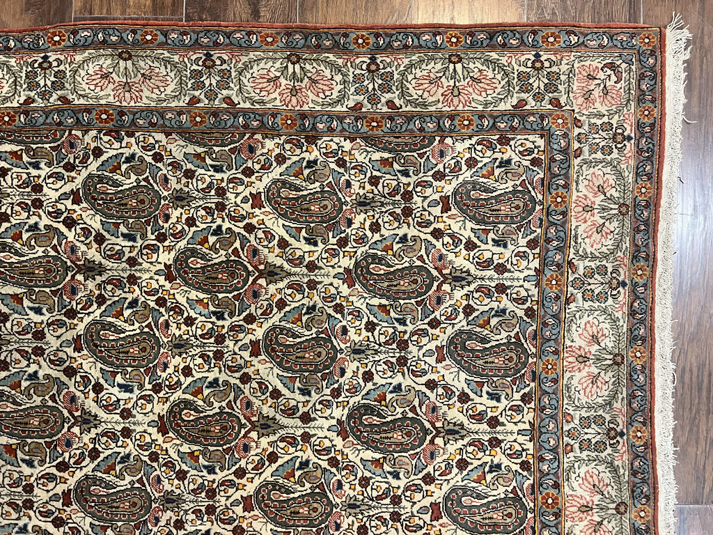Persian Qum Rug 5x6, Cream Wool Hand Knotted Carpet, Repeated Boteh Paisely Design, Semi Antique Vintage Rug, Very Fine Weave 5 x 6 Rug