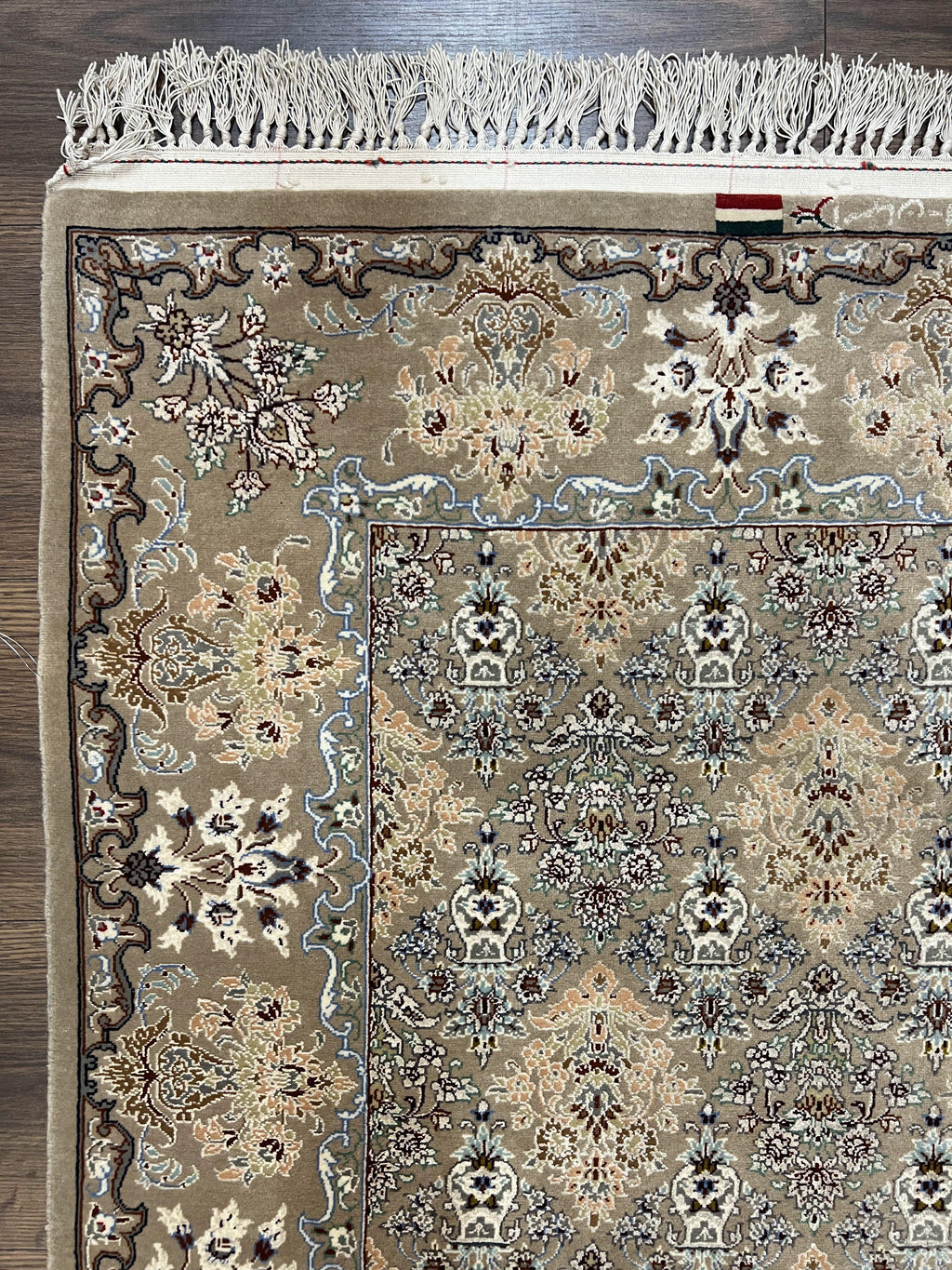Super Fine Persian Isfahan Rug 3x5 ft, Kork Wool on Silk Foundation, Repeated Floral Motif, Taupe Tan Hand Knotted Oriental Carpet 3 x 5 ft, Signed