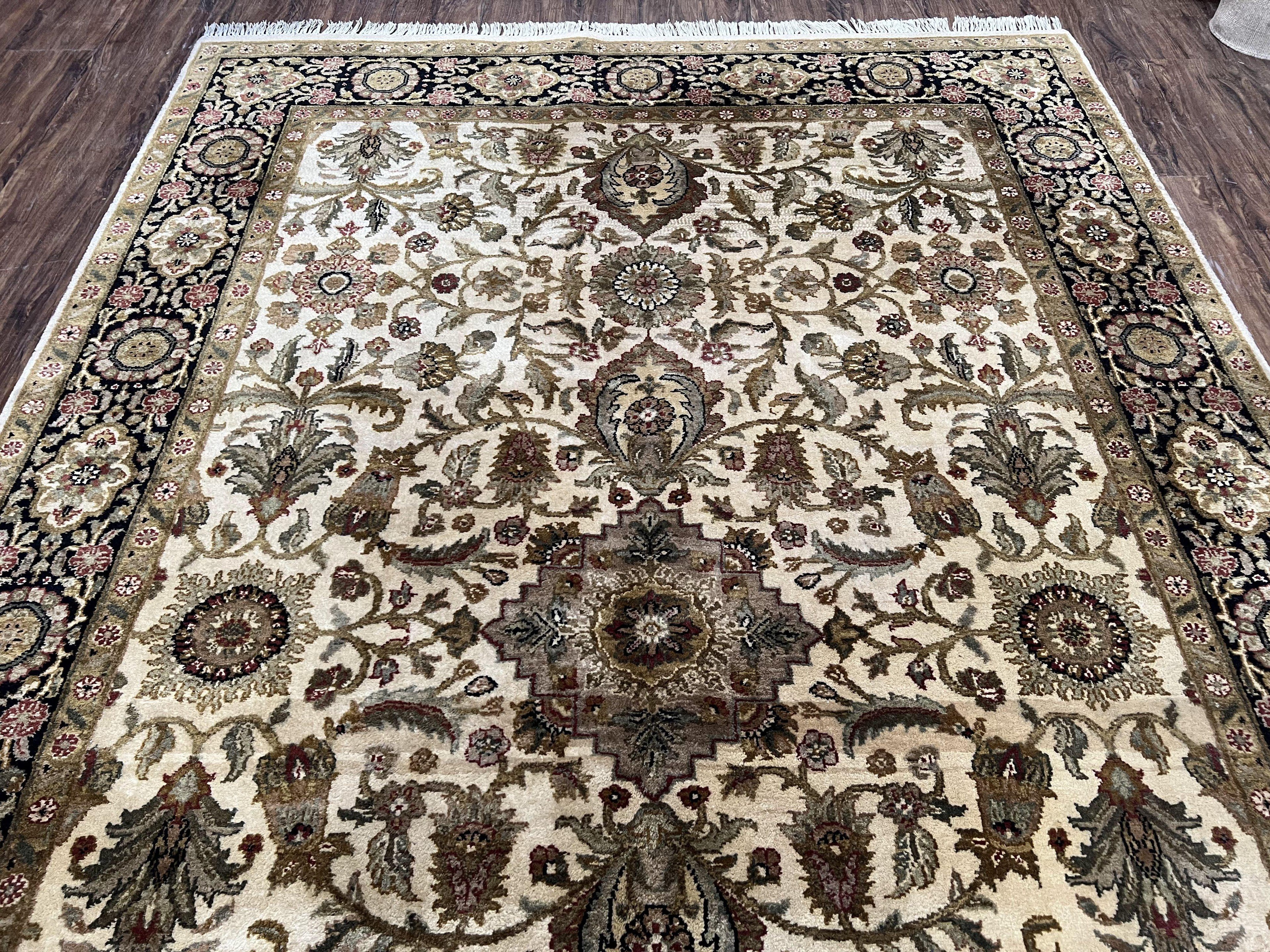 Indo Mahal Rug 6x9, Indian Floral Carpet 6 x 9, Beige and Black, Allover Design, Living Room Rug, Bedroom Rug, Traditional Rug, Vintage Rug