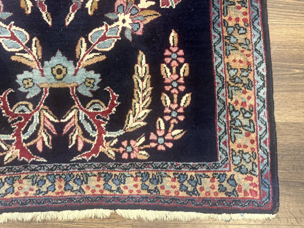Antique Persian Kerman Rug 2.8 x 4, Navy Blue, Floral