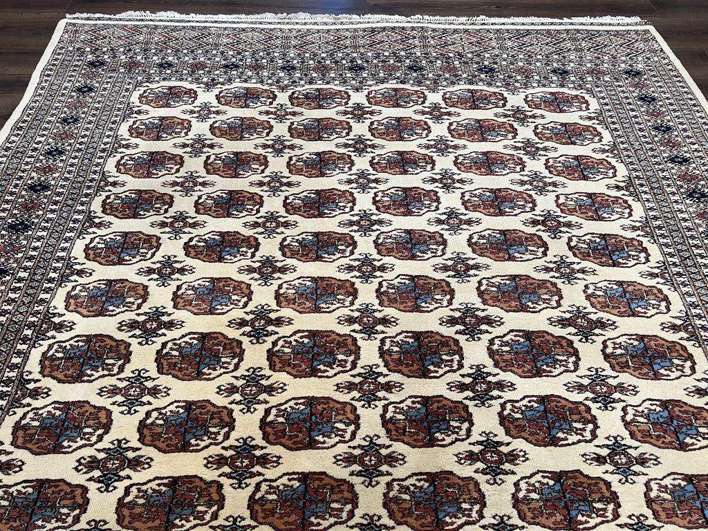 Pakistani Bokhara Rug 8x10, Wool Turkoman Carpet, Ivory/Cream