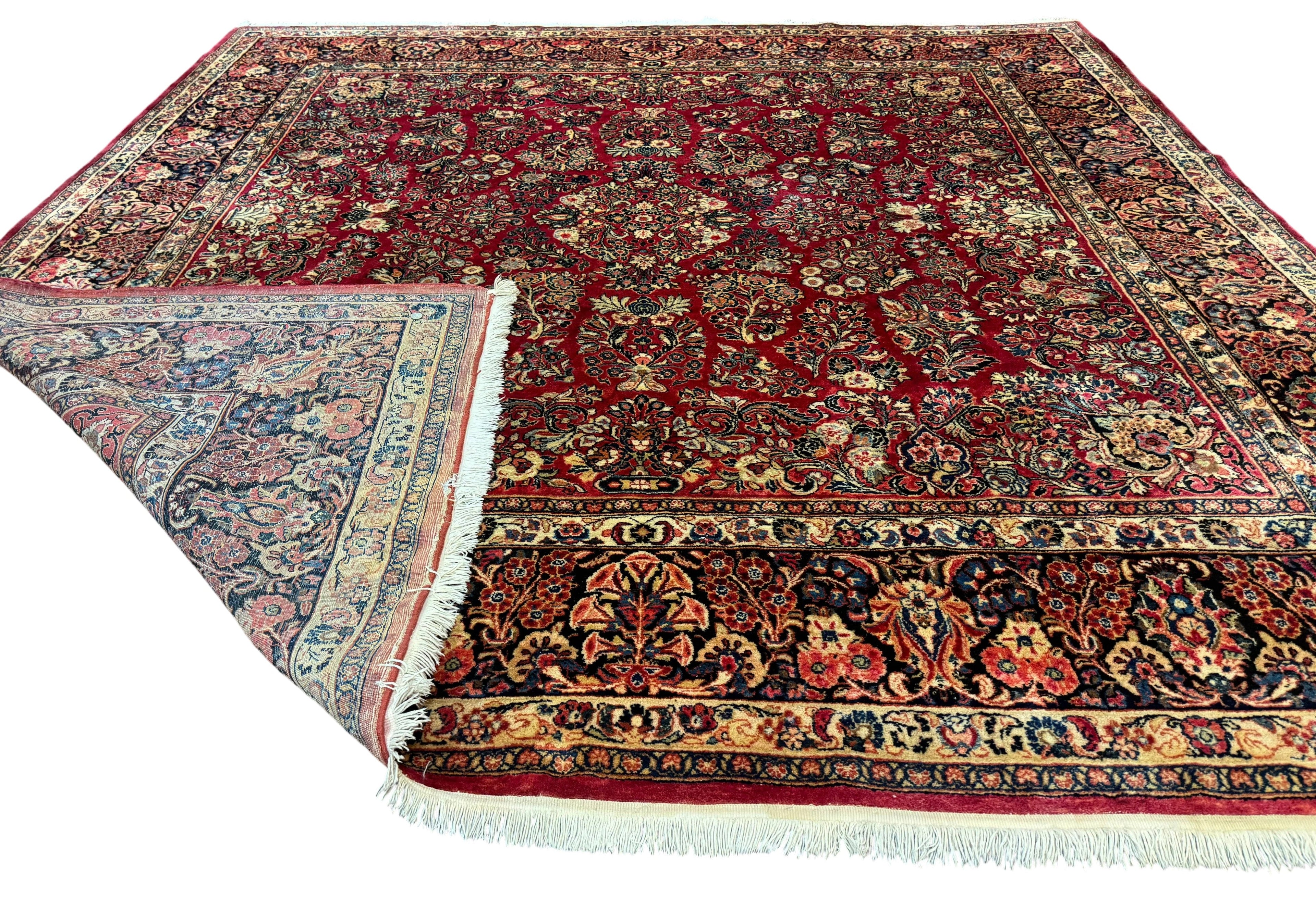 Persian Sarouk Rug 10x10, Square Persian Carpet, Red, Floral, Antique