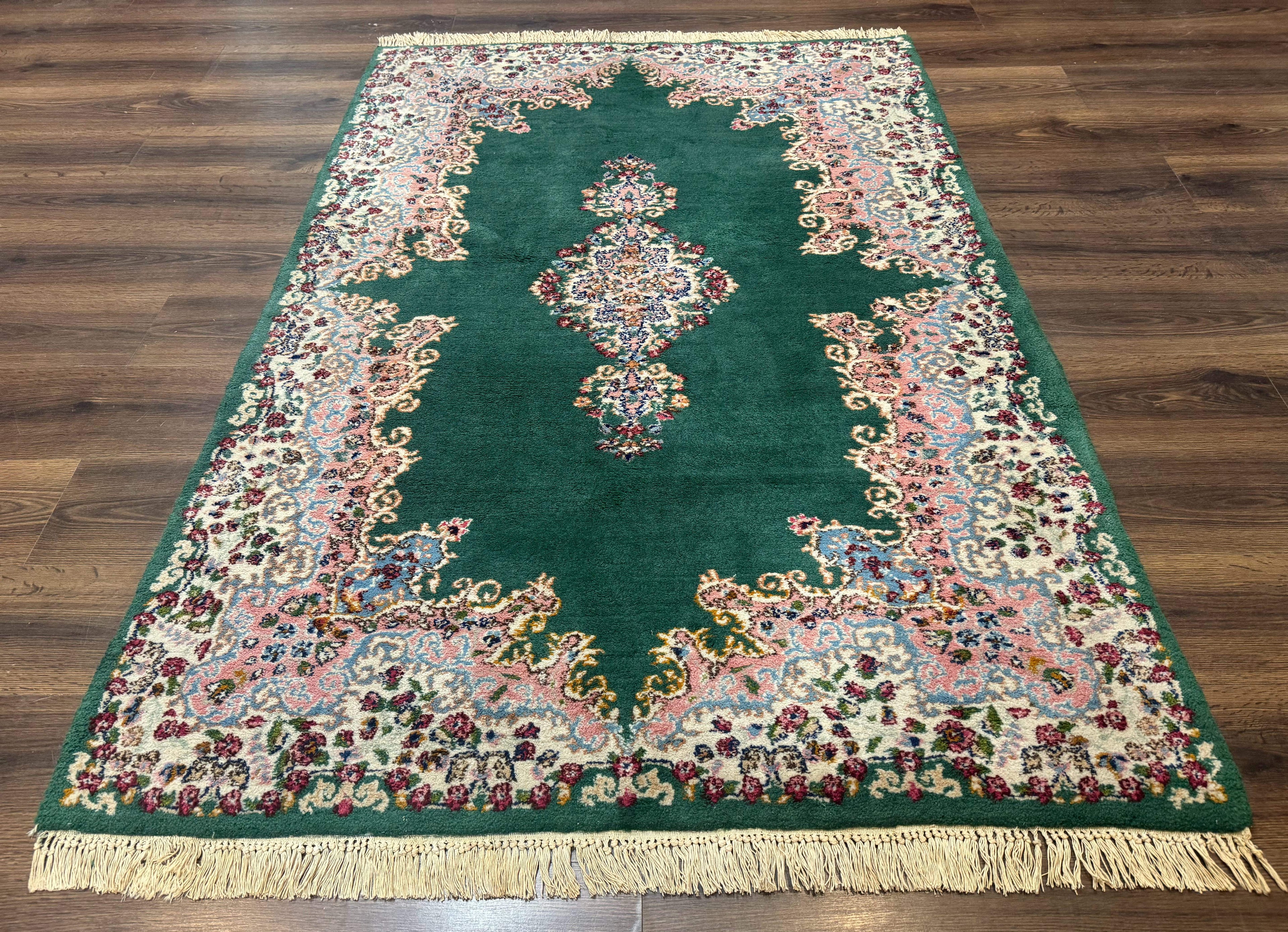 Persian Kerman Rug 4x6, Green Ivory Pink, Wool Vintage, Semi Open Field