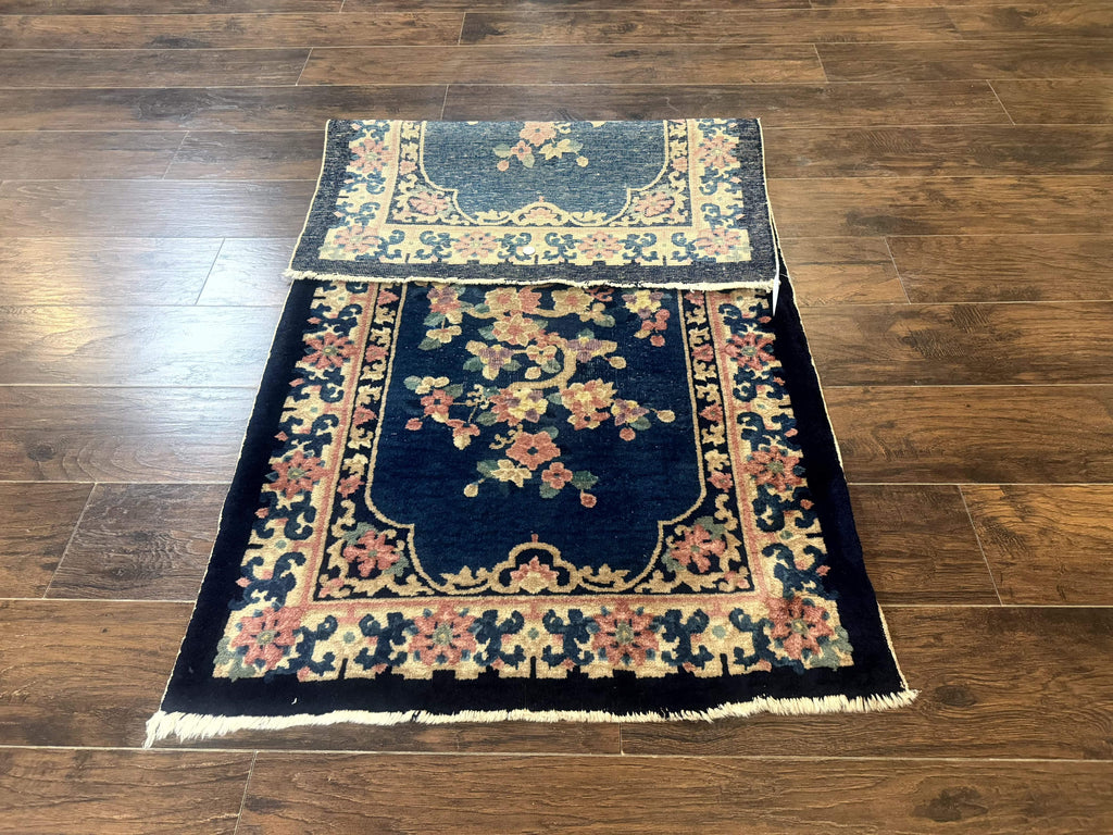 Blue and Beige Chinese Wool Rug 3x6, Chinese Fete Rug, Peking Rug, Antique Chinese Carpet