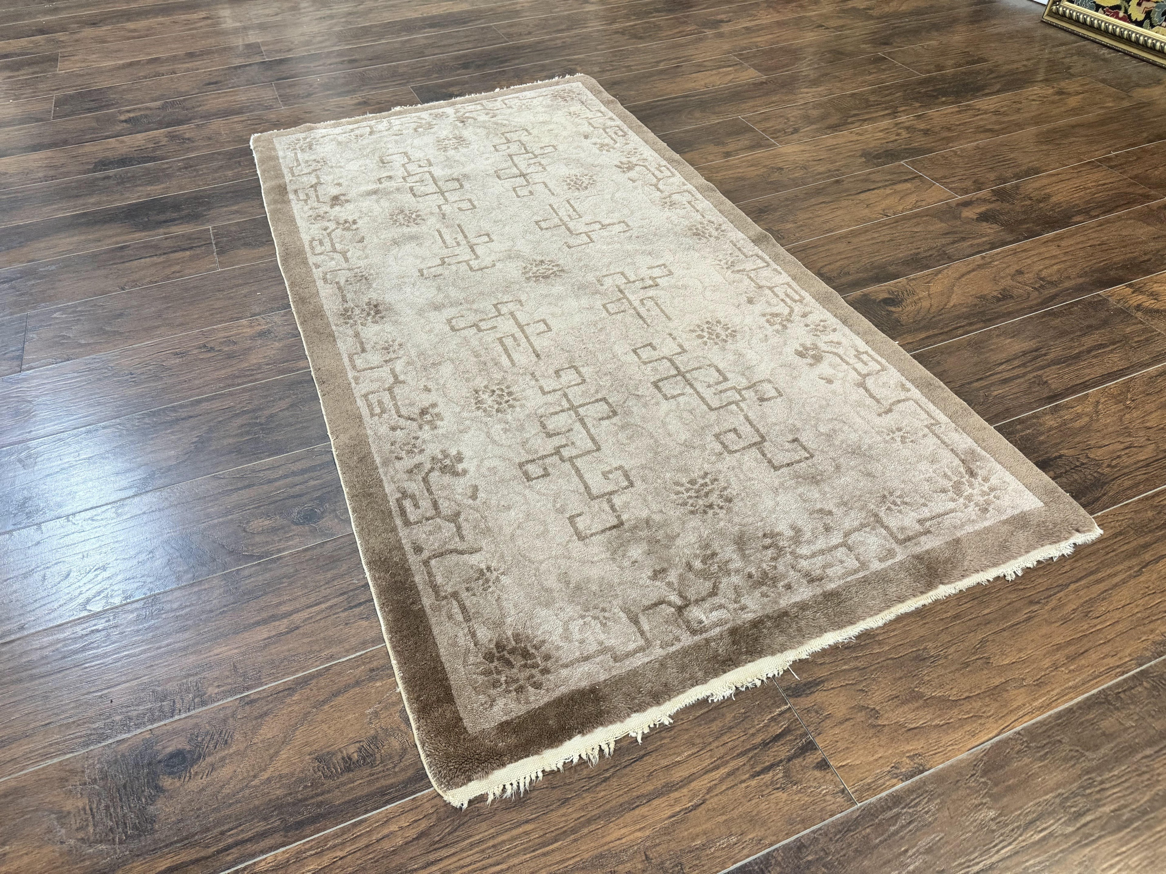 Antique Chinese Fette Rug 3x6, Taupe, Handmade Wool Chinese Carpet