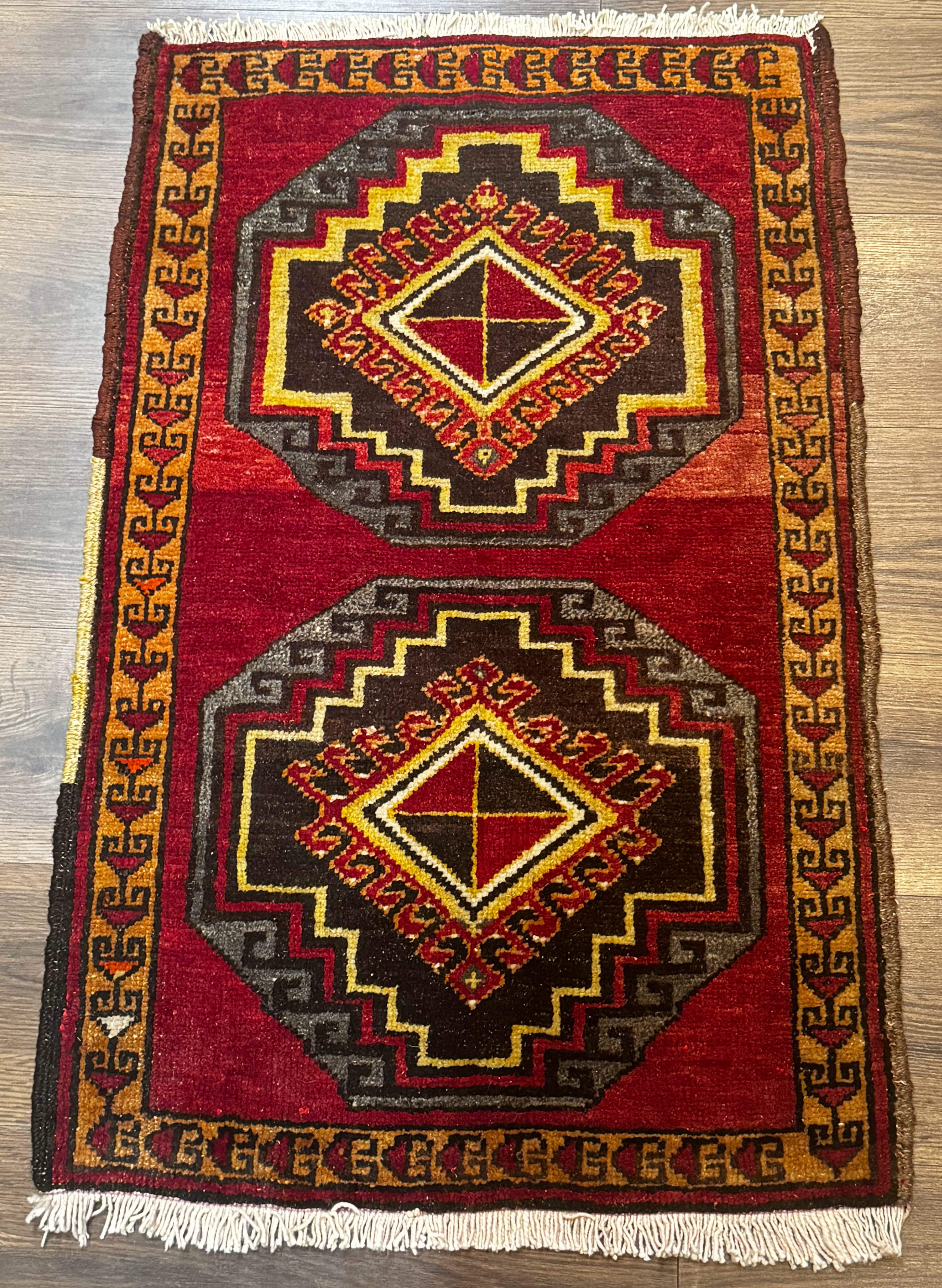 Small Antique Turkish Yastik Rug 2x3, Double Medallions, Geometric, Red, Wool