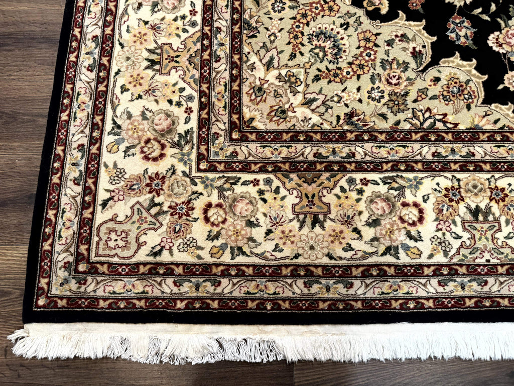 Sino Persian Rug 9x12, Black and Beige, Floral Medallion, Wool & Silk, Handmade