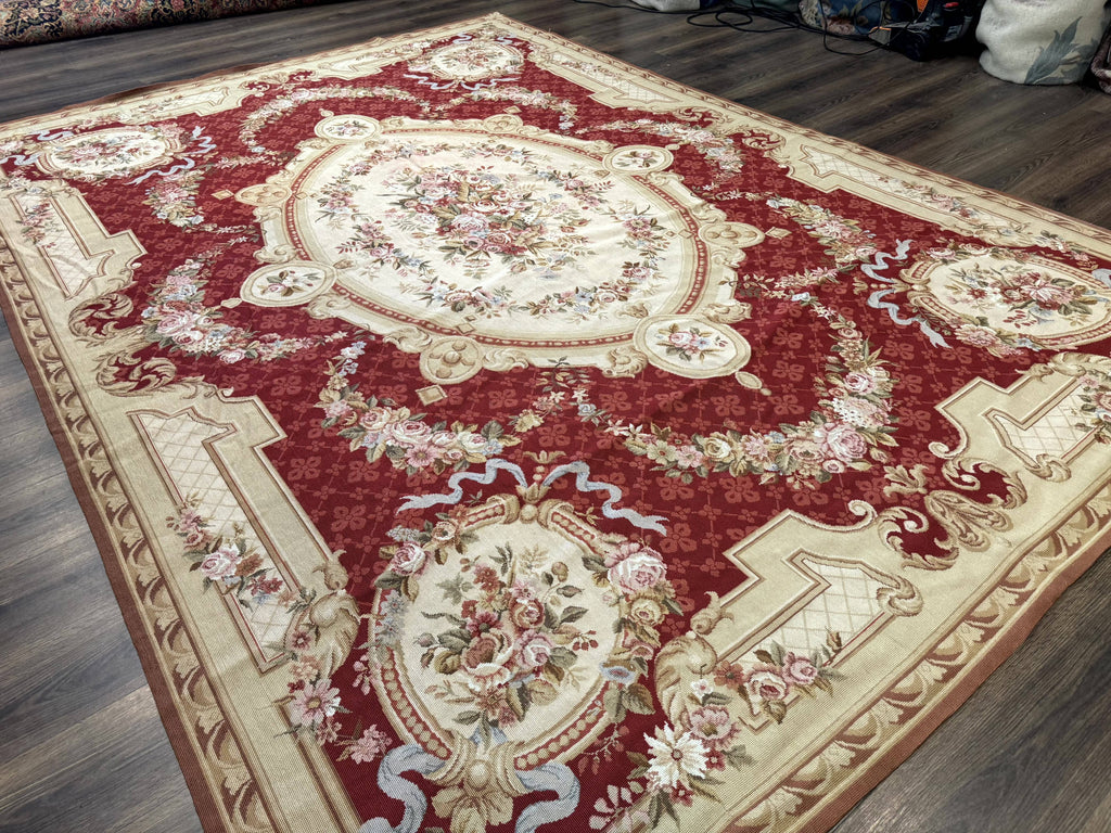 Aubusson Rug 8x11, Needlepoint Carpet, Red Ivory Beige, Vintage, French European Design