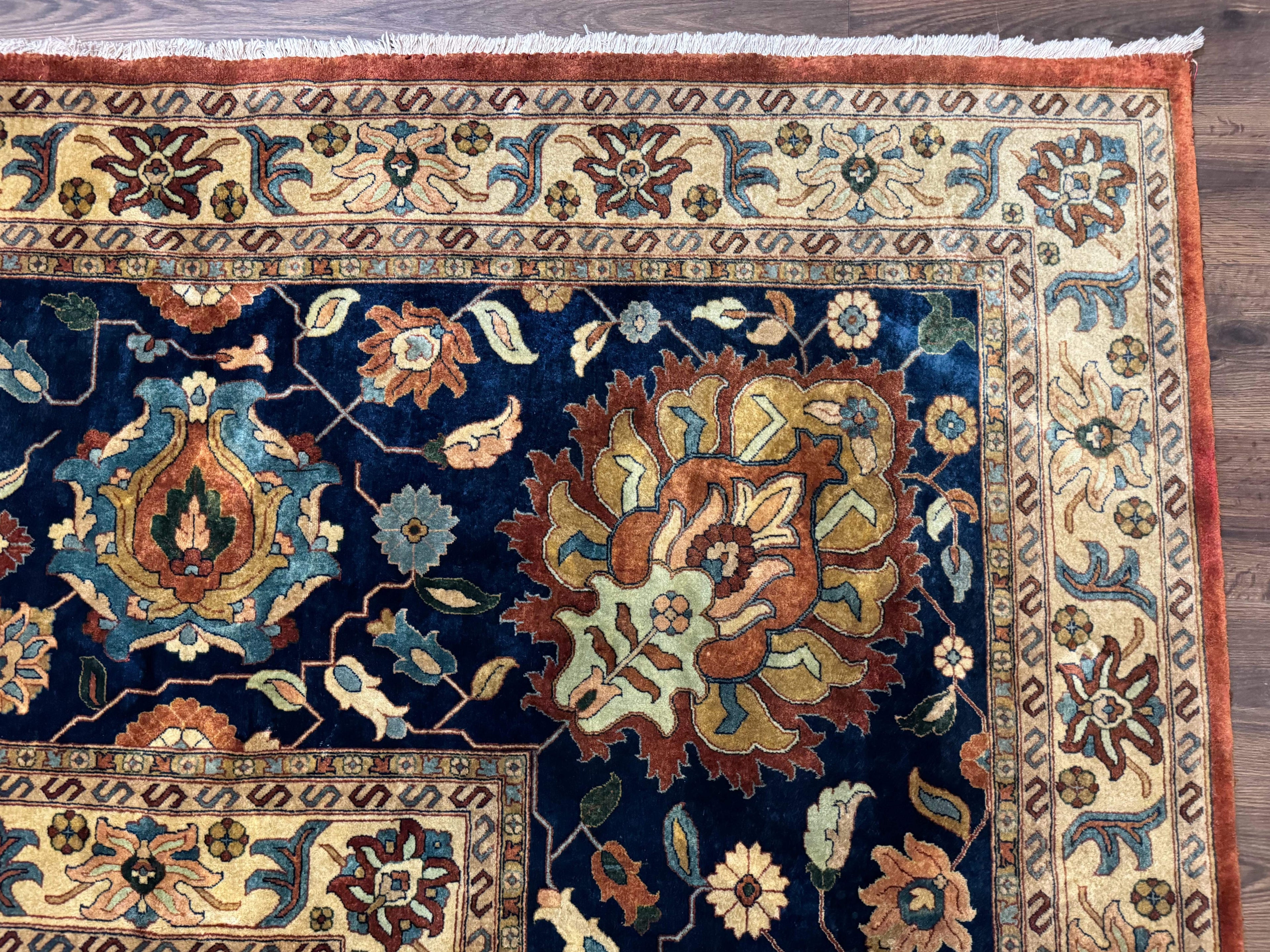 Palace Size Indo Persian Rug 12x15, Sultanabad Mahal Carpet, Red Navy Blue, Fine 210 KPSI