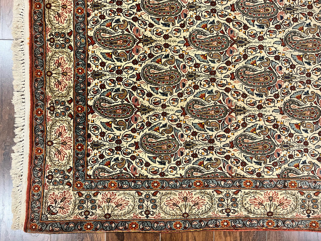 Persian Qum Rug 5x6, Cream Wool Hand Knotted Carpet, Repeated Boteh Paisely Design, Semi Antique Vintage Rug, Very Fine Weave 5 x 6 Rug
